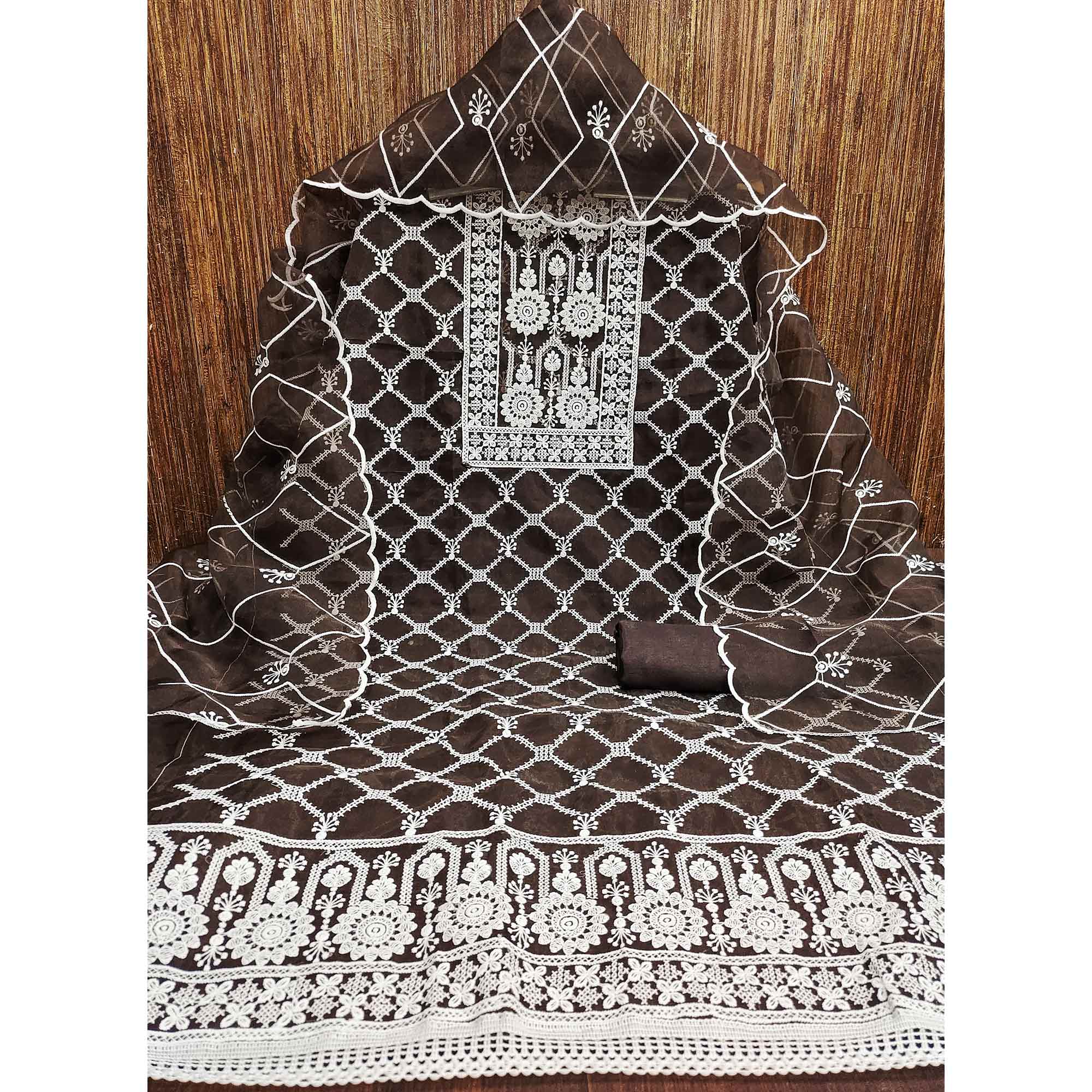 Brown Sheer Organza Suit Material with Floral Embroidery Detailing