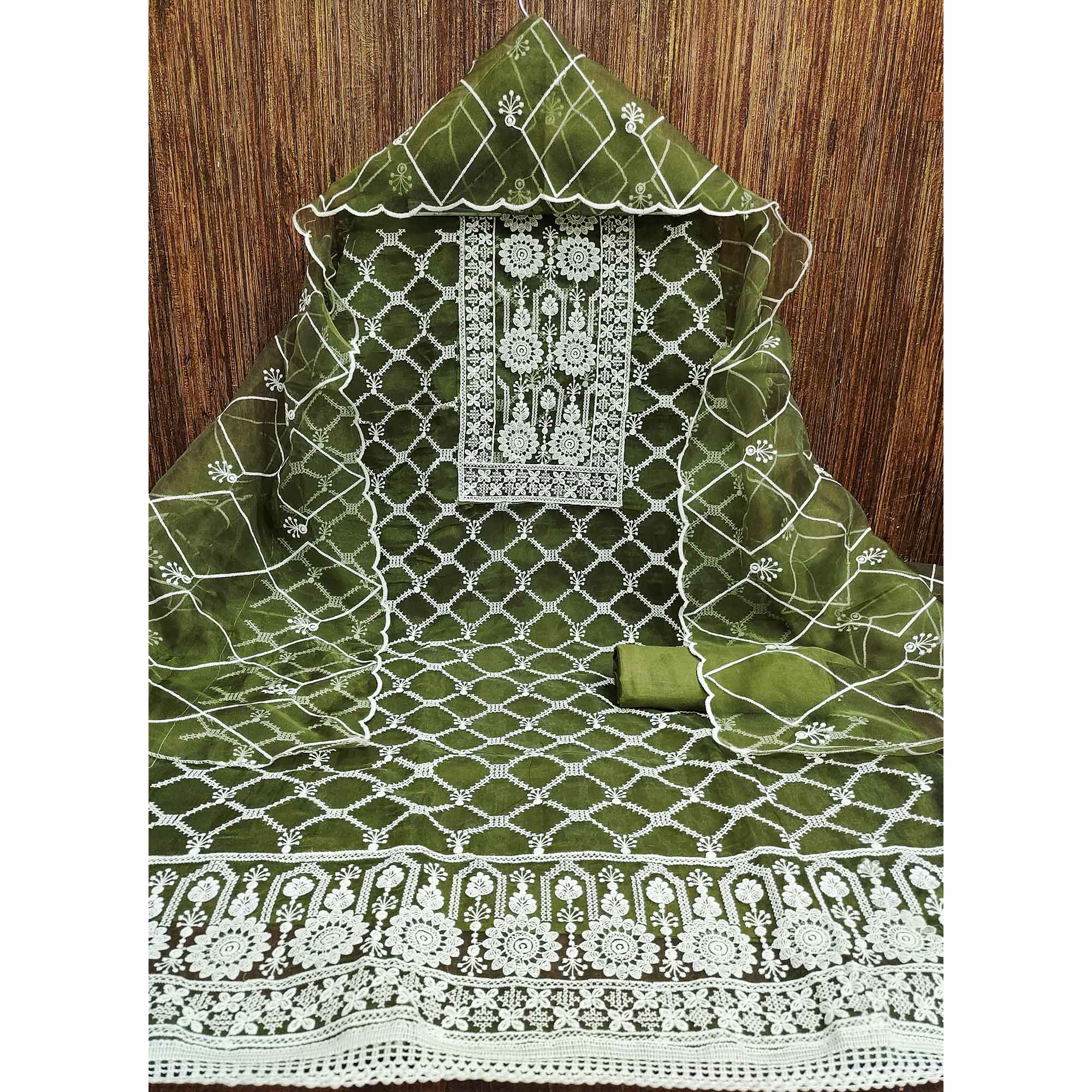 Green Sheer Organza Suit Material with Floral Embroidery Detailing