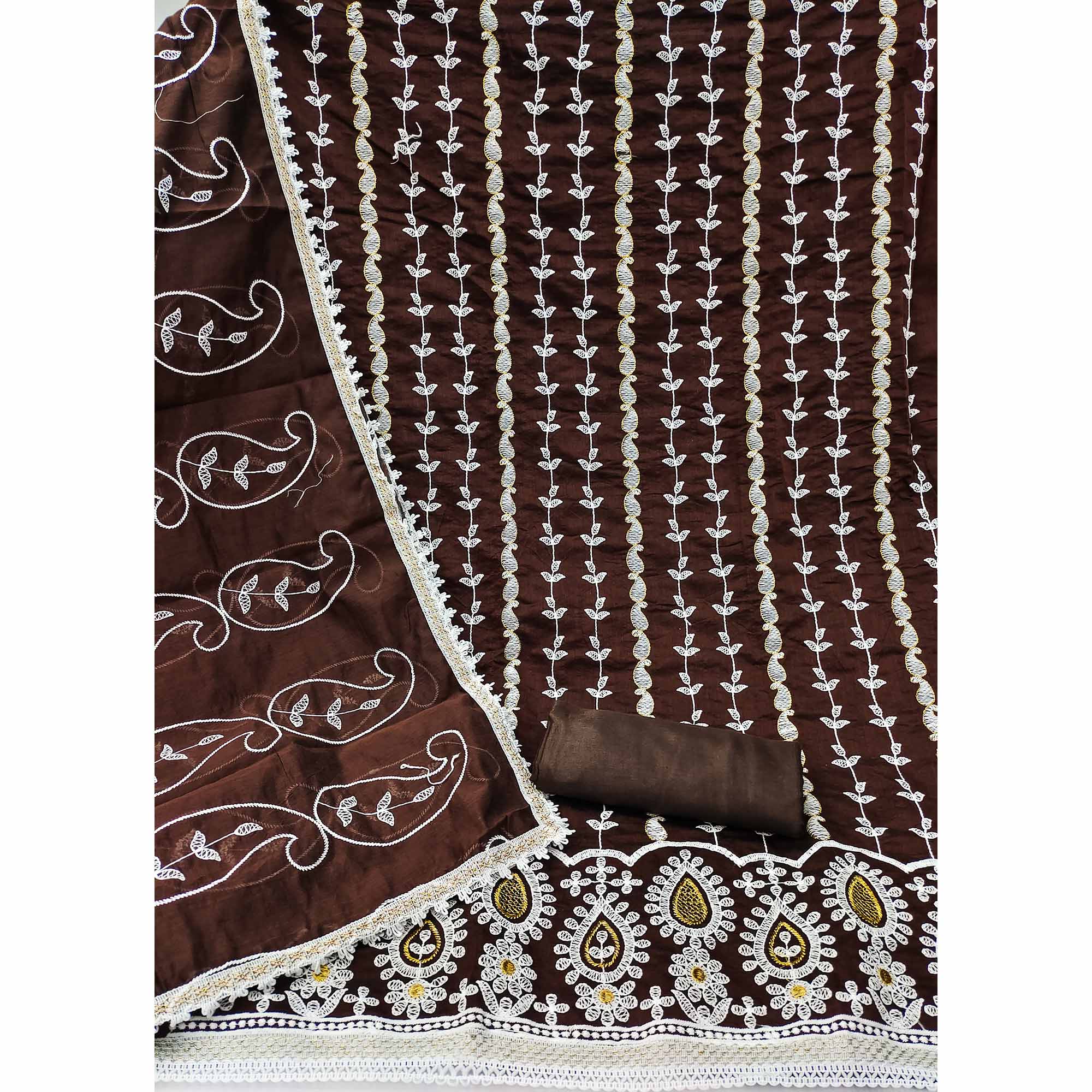Brown Floral Embroidered Chanderi Cotton Dress Material