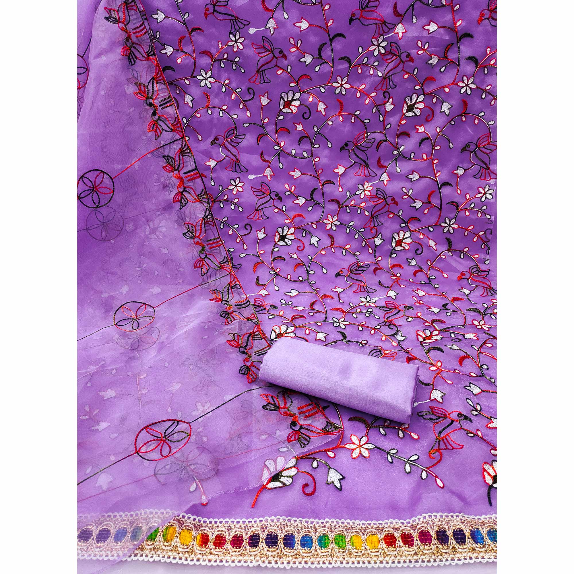 Lavender Floral Embroidered Organza Dress Material