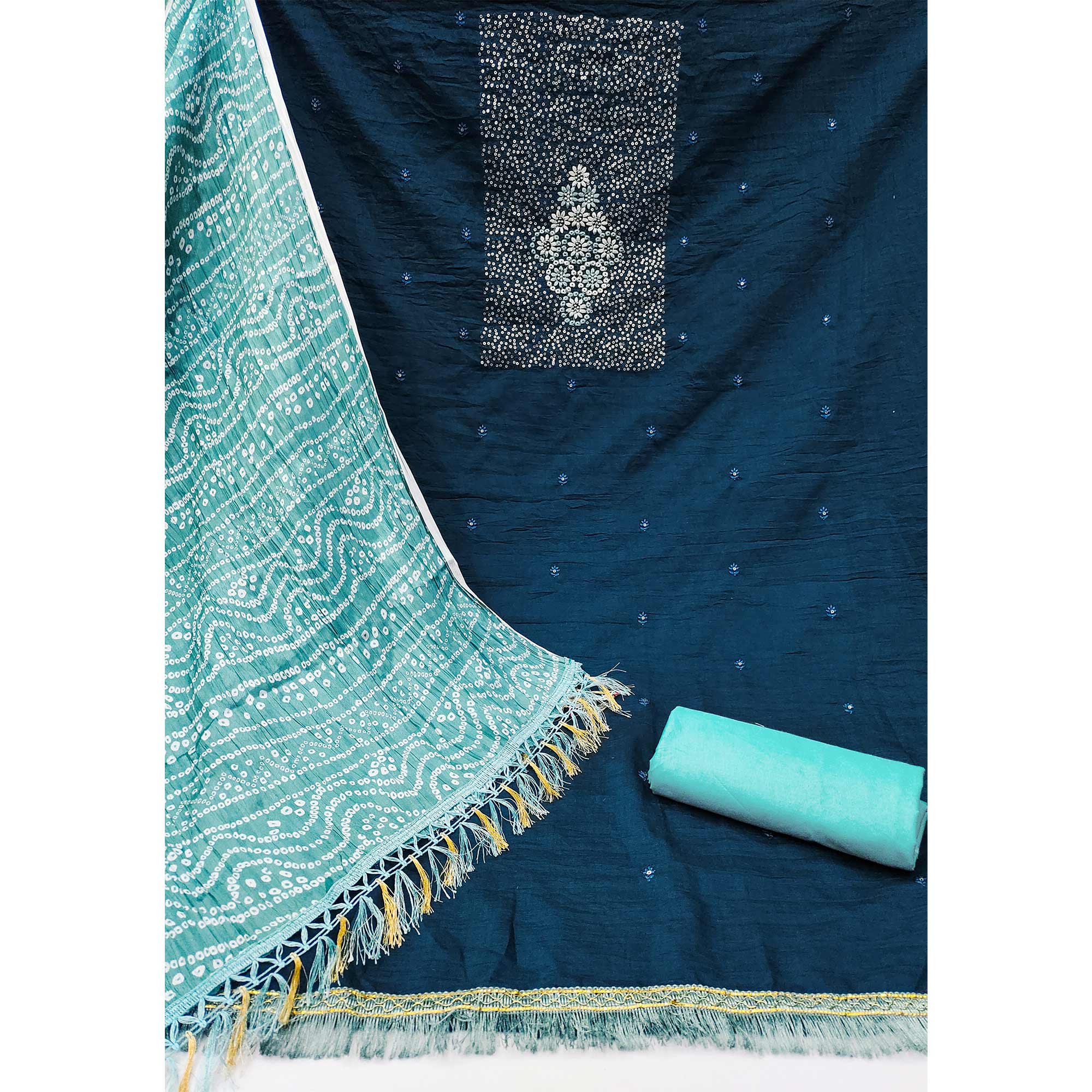 Blue Floral Embroidered Cotton Blend Dress Material Adorned With Sparkling Sequins Work