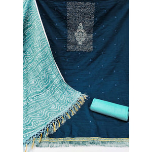 Blue Floral Embroidered Cotton Blend Dress Material Adorned With Sparkling Sequins Work