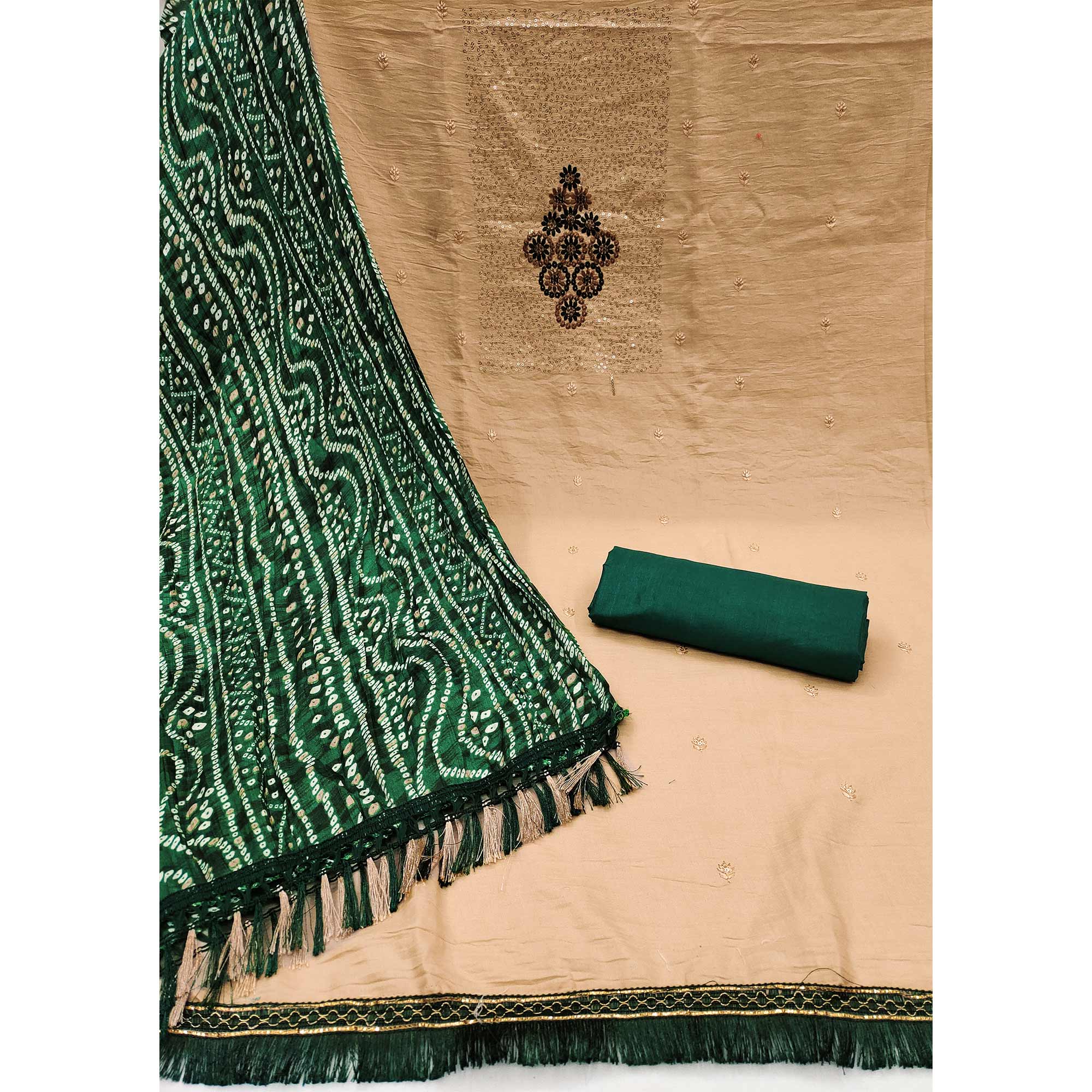 Chikoo Floral Embroidered Cotton Blend Dress Material Adorned With Sparkling Sequins Work