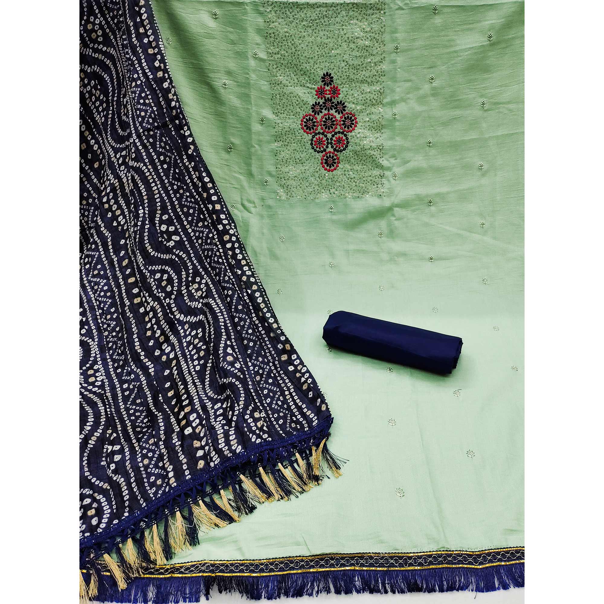 Sea Green Floral Embroidered Cotton Blend Dress Material Adorned With Sparkling Sequins Work