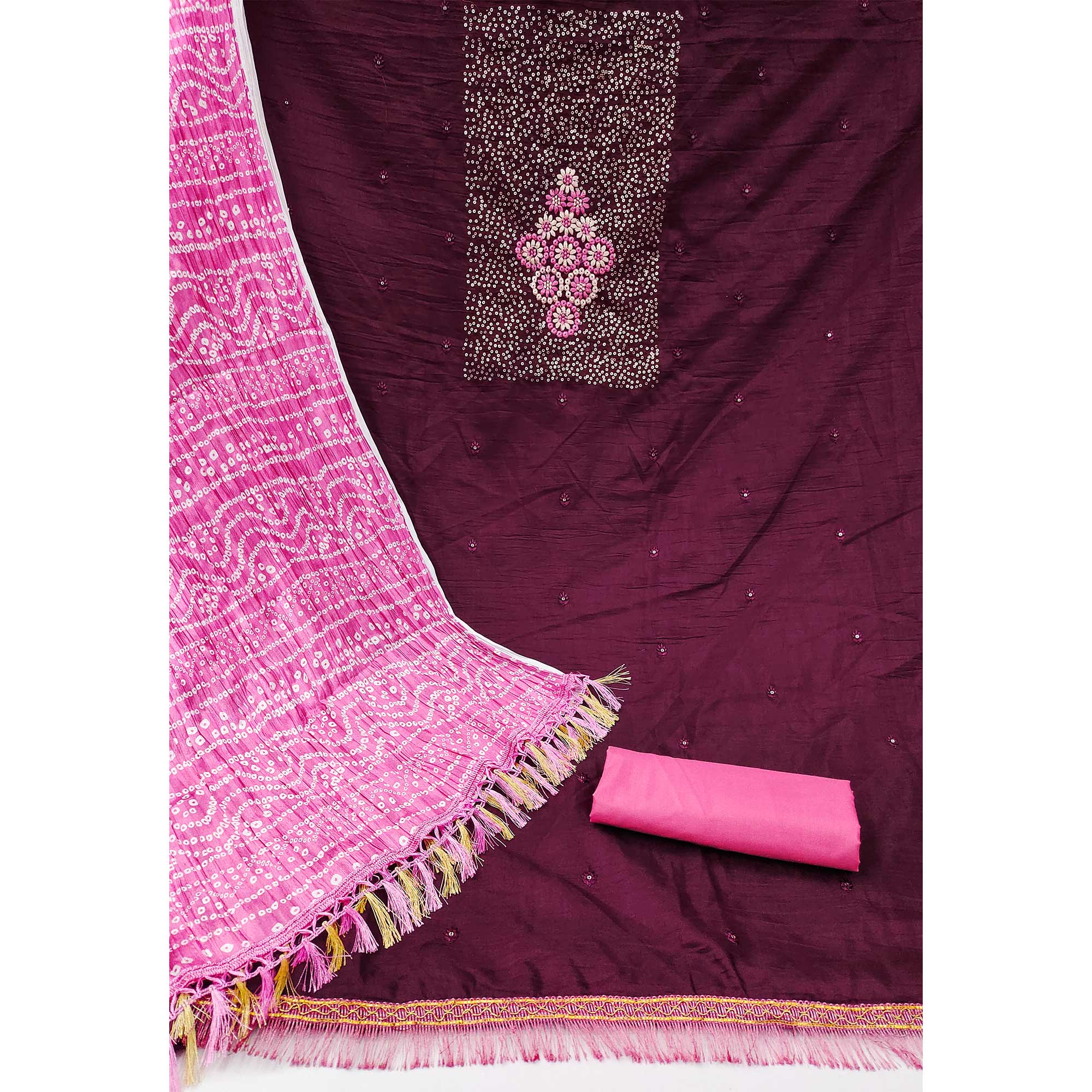 Wine Floral Embroidered Cotton Blend Dress Material Adorned With Sparkling Sequins Work