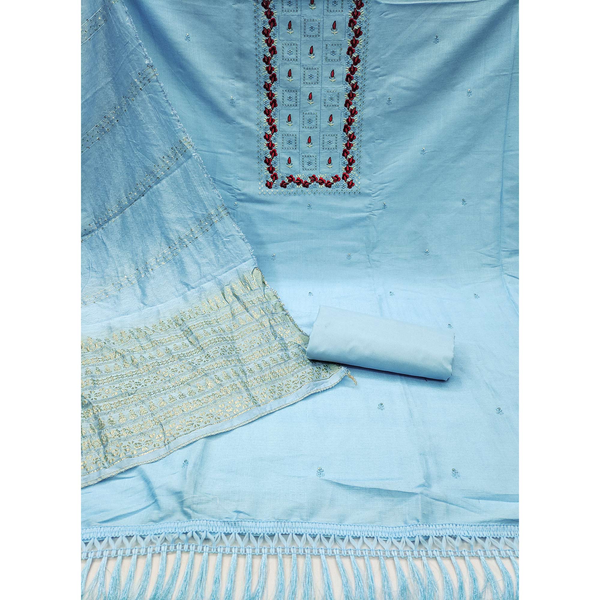 Blue Floral Embroidery Cotton Blend Dress Material Enhanced With Shimmering Sequins Work