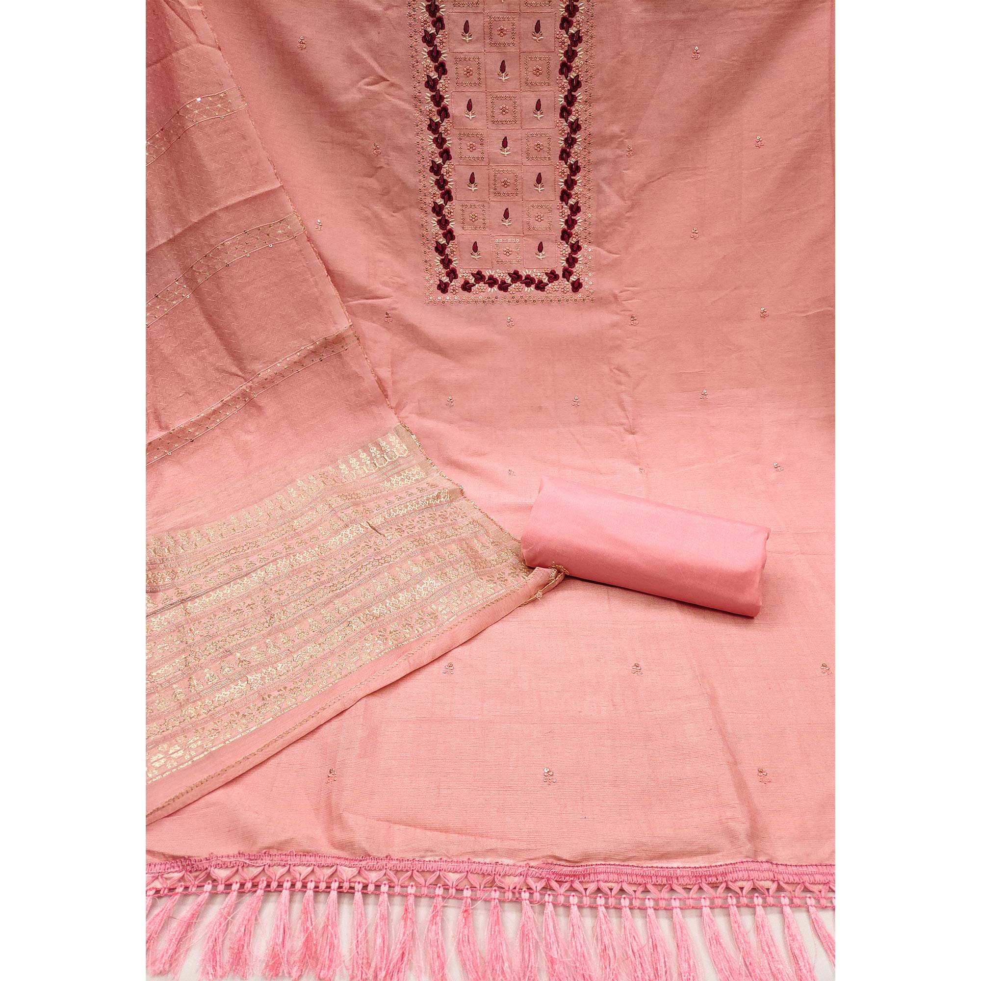 Peach Floral Embroidery Cotton Blend Dress Material Enhanced With Shimmering Sequins Work