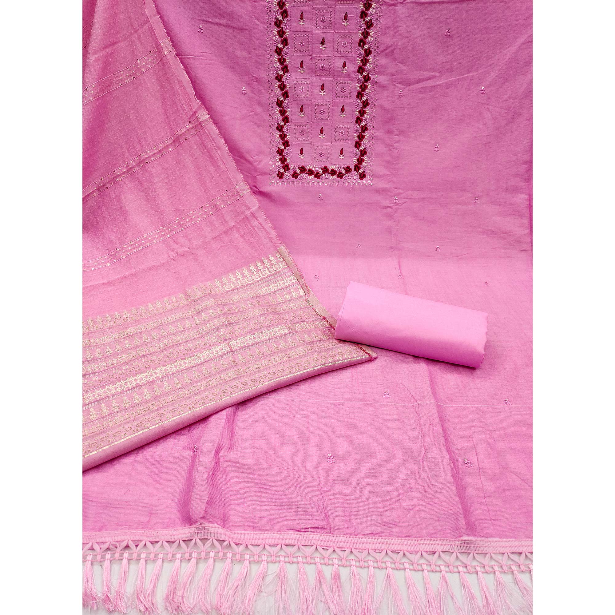 Pink Floral Embroidery Cotton Blend Dress Material Enhanced With Shimmering Sequins Work