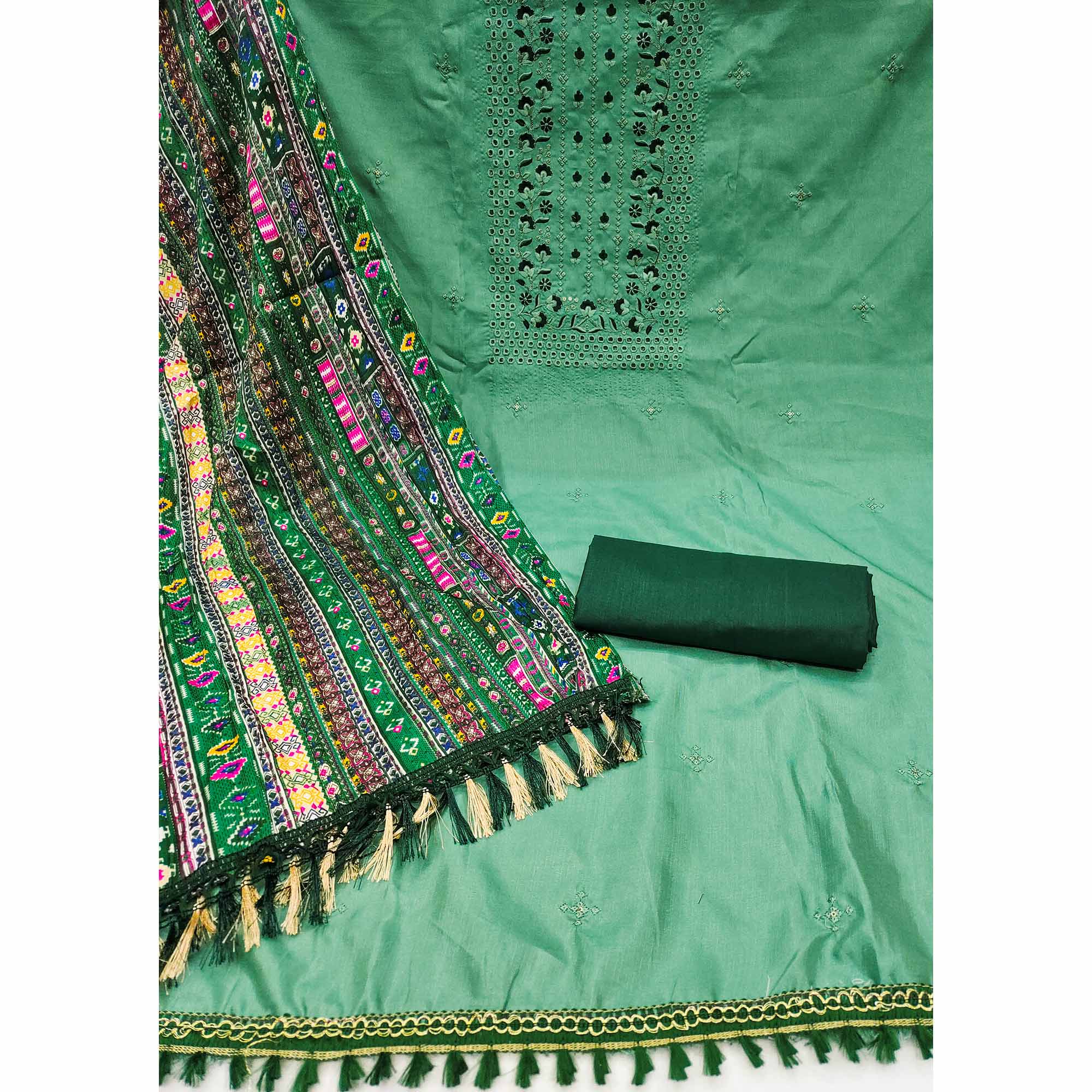 Green Floral Sequins Embroidered Cotton Silk Dress Material