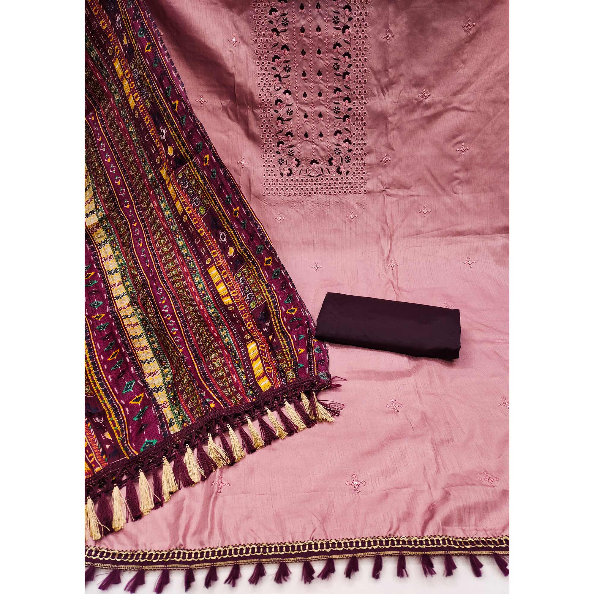 Pink Floral Sequins Embroidered Cotton Silk Dress Material