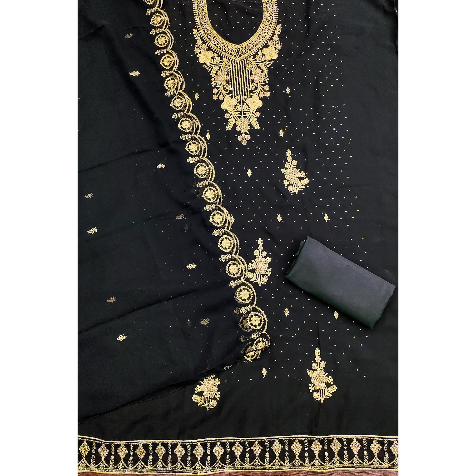 Black Georgette Dress Material Accented With Delicate Floral Embroidery