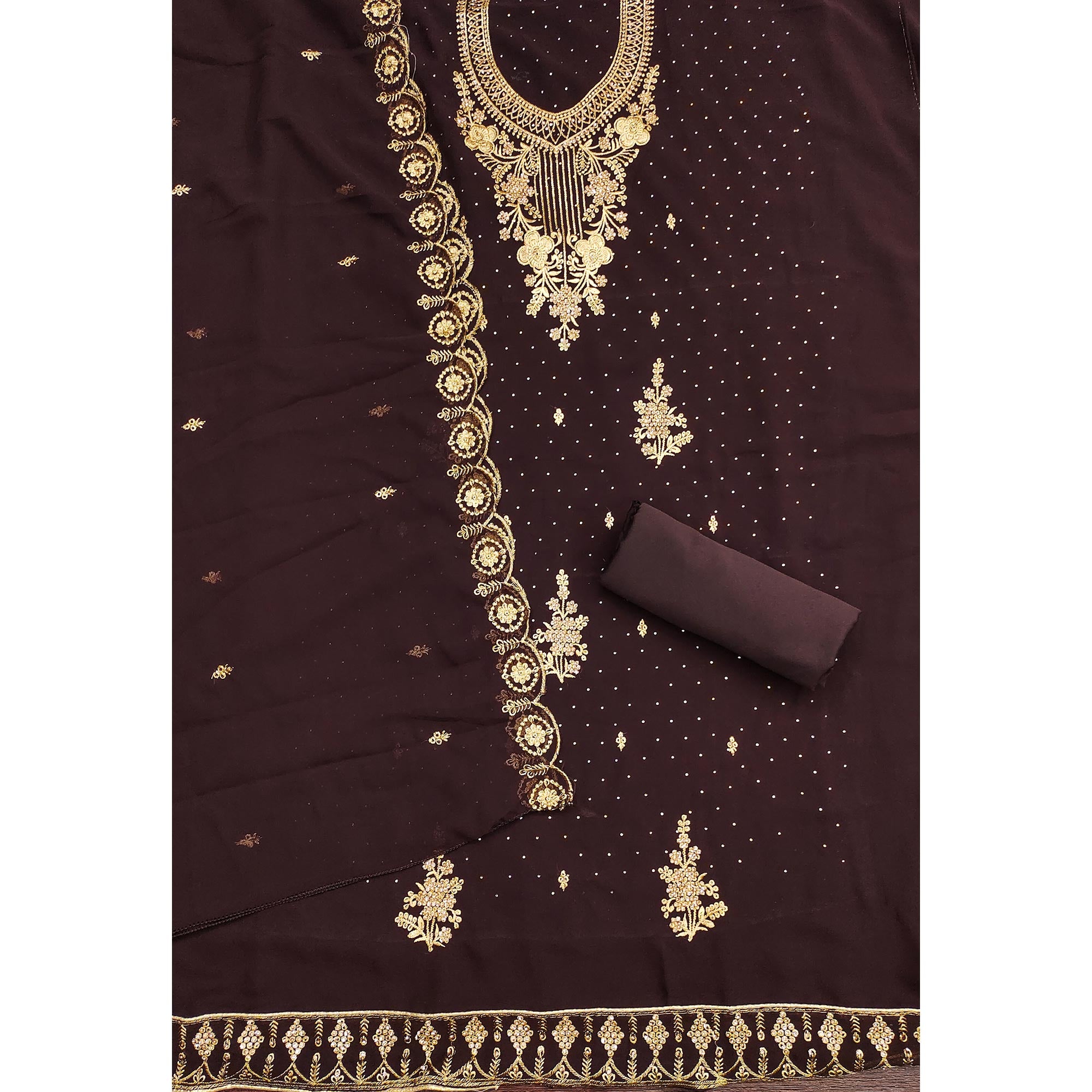Brown Georgette Dress Material Accented With Delicate Floral Embroidery