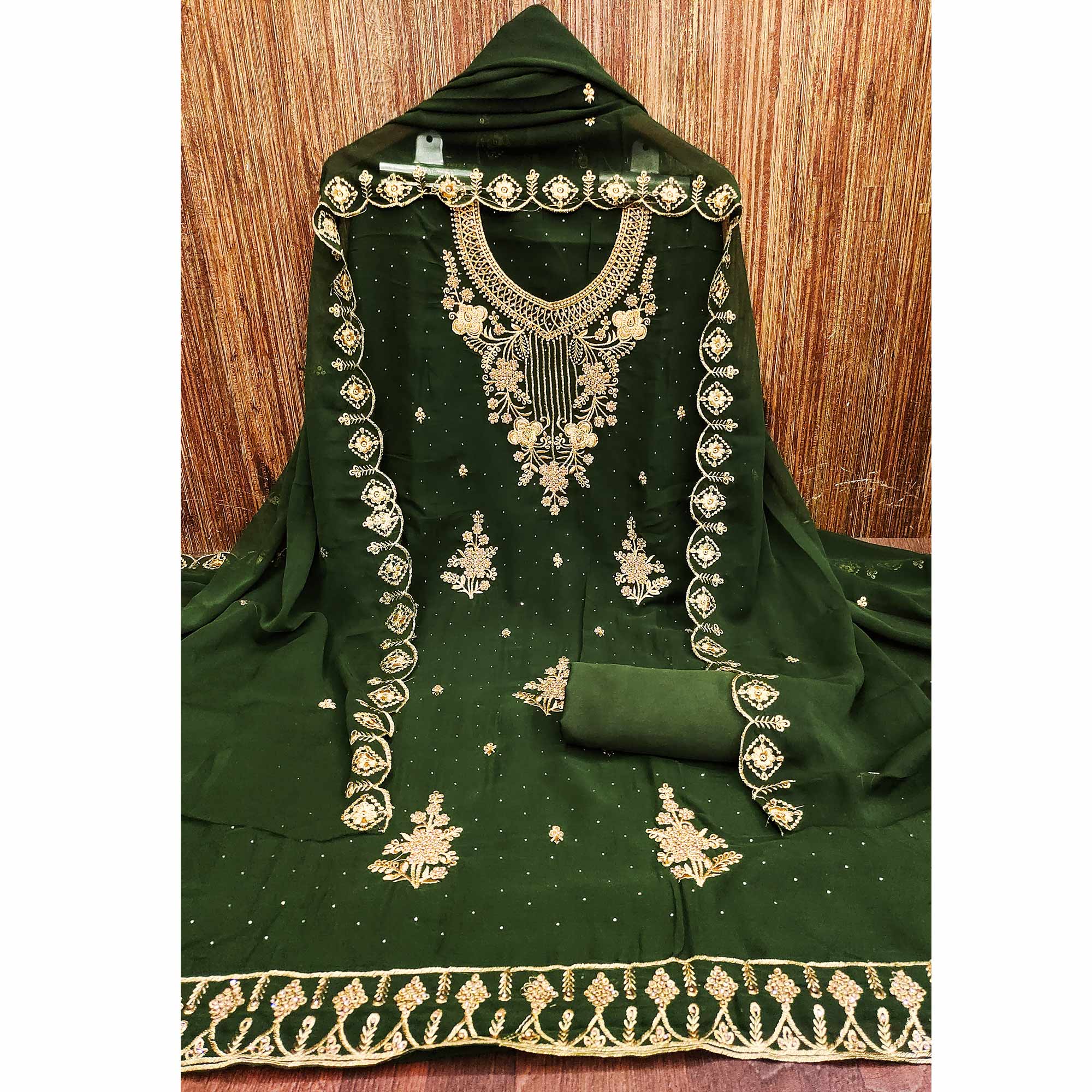 Mehendi Green Floral Embroidered Georgette Dress Material