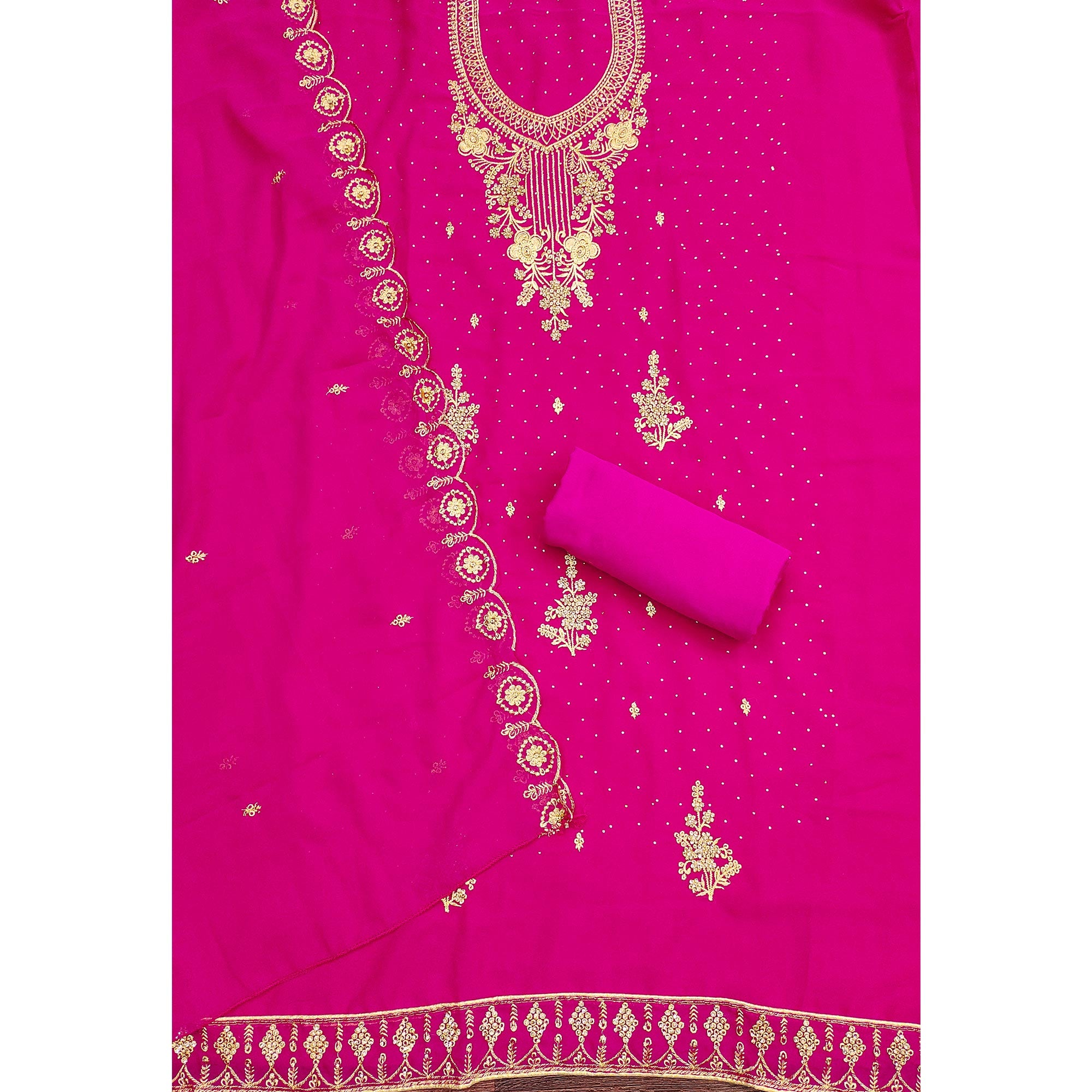 Rani Pink Georgette Dress Material Accented With Delicate Floral Embroidery