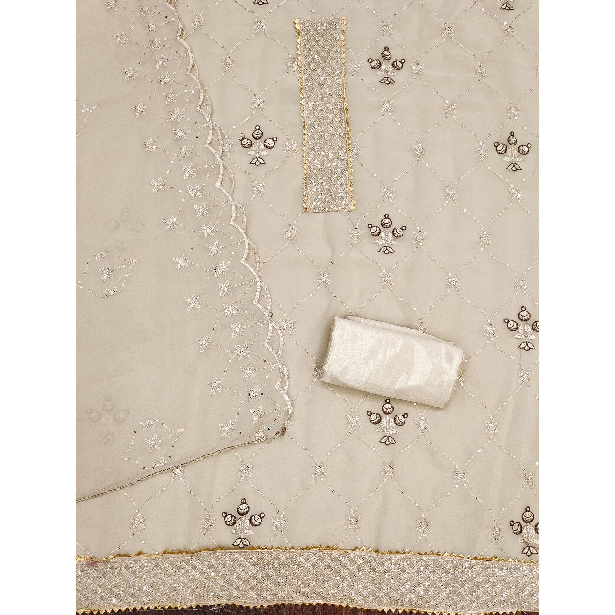 Beige Floral Sequins Embroidered Georgette Dress Material