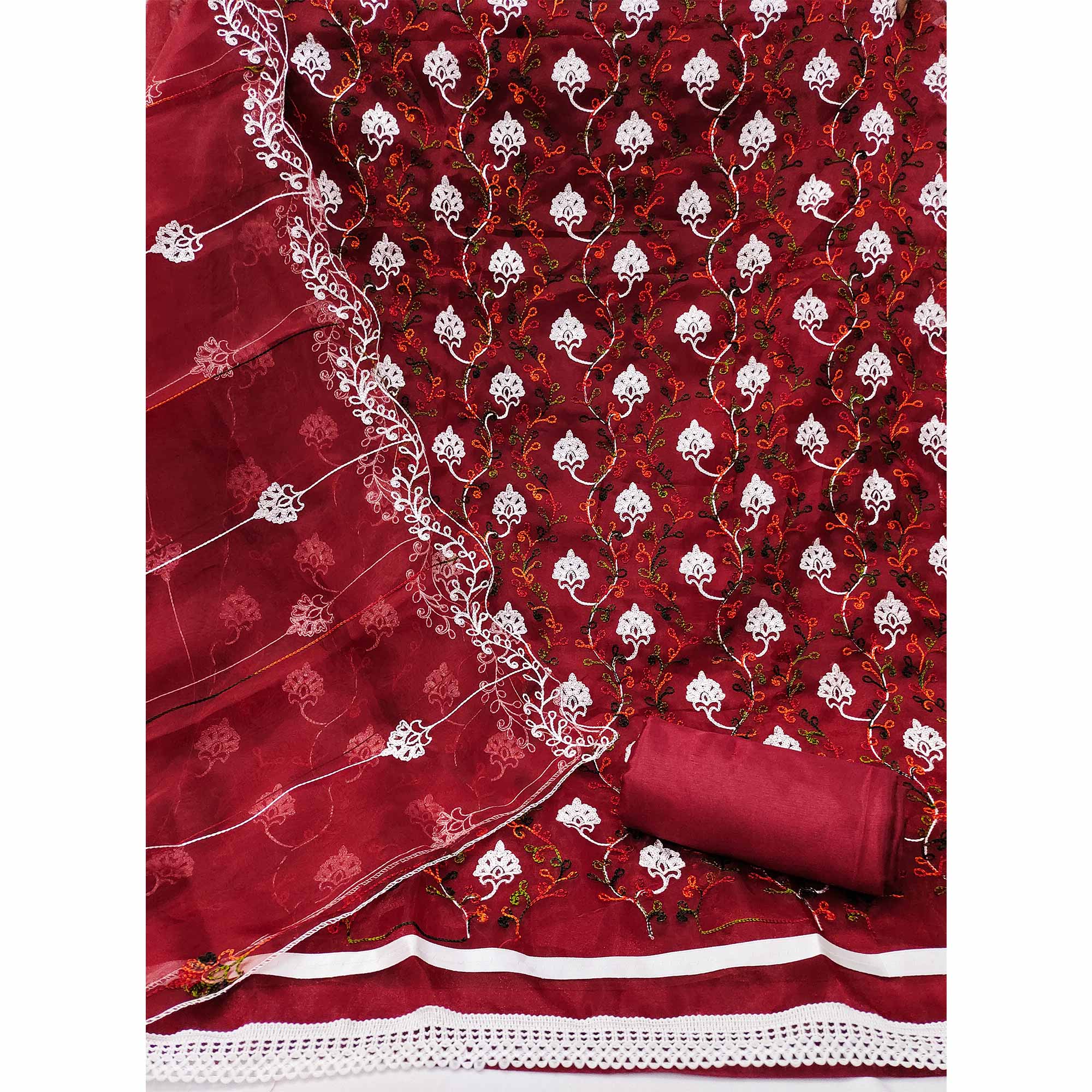 Elegant Maroon Organza Dress Material Ensemble With Exquisite Floral Embroidery