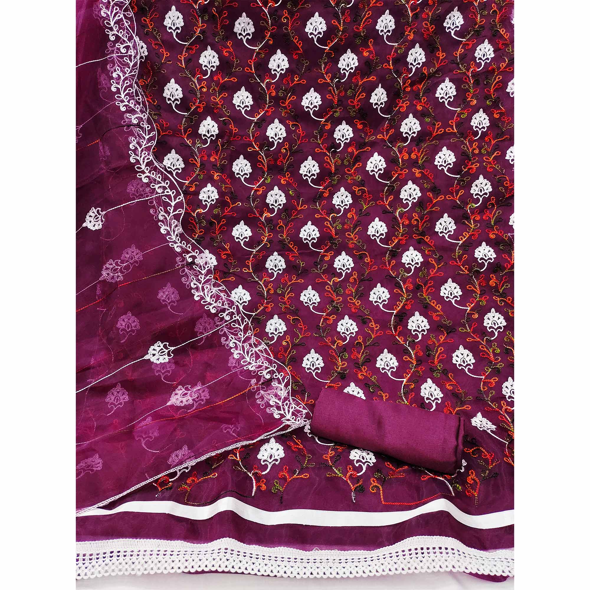 Elegant Wine Organza Dress Material Ensemble With Exquisite Floral Embroidery
