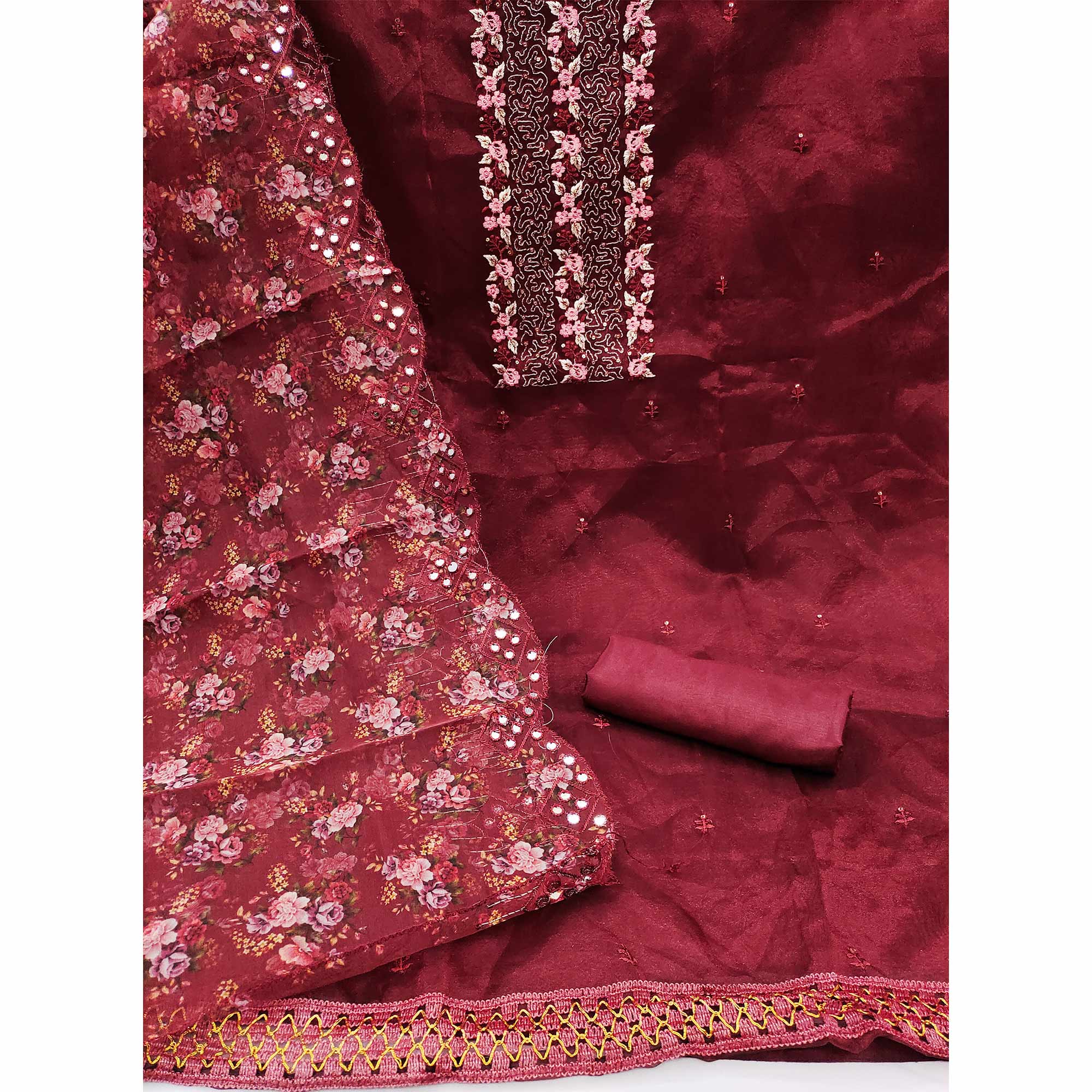 Maroon Organza Dress Material With Glimmering Floral Sequins Embroidery