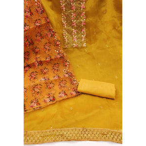 Mustard Organza Dress Material With Glimmering Floral Sequins Embroidery