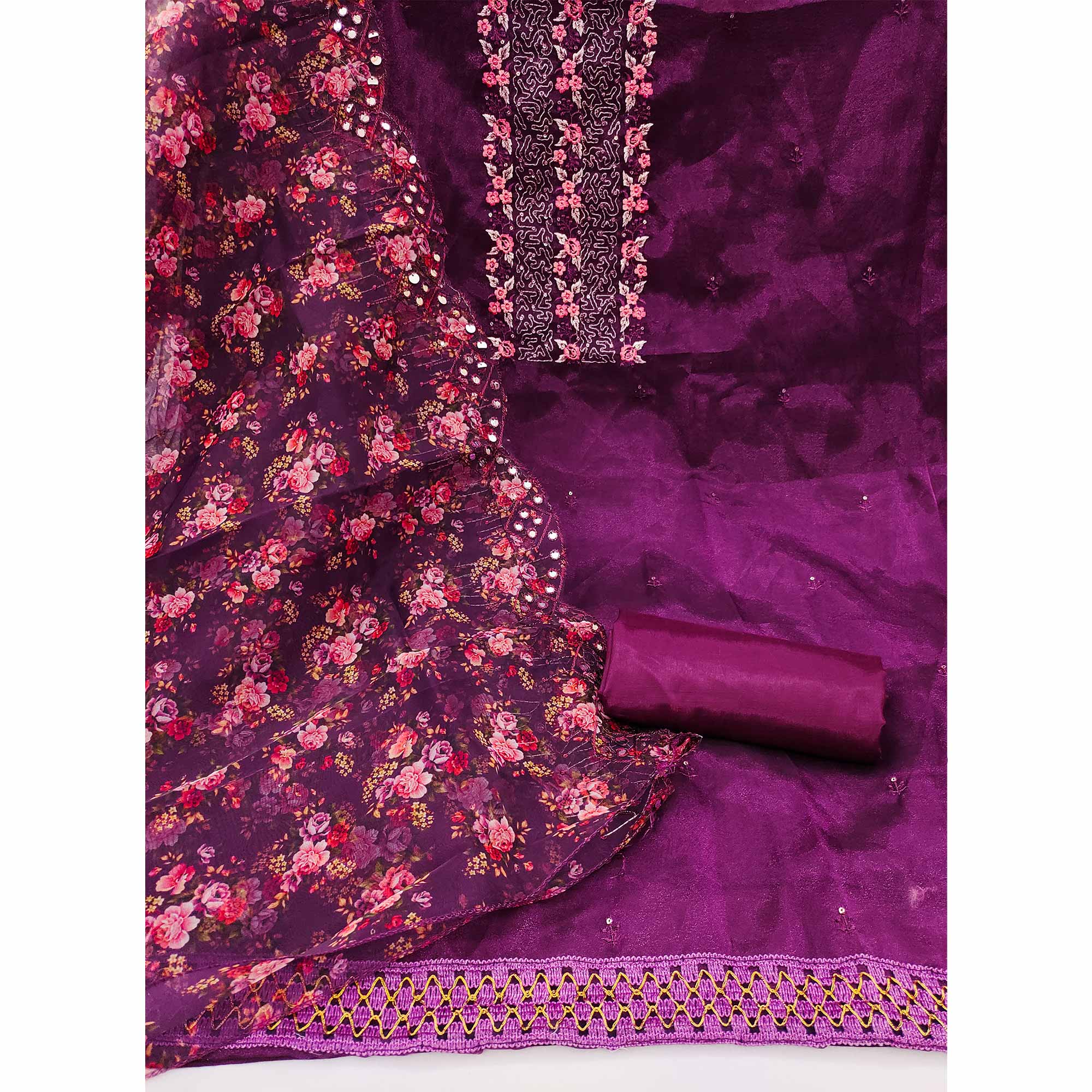 Purple Organza Dress Material With Glimmering Floral Sequins Embroidery