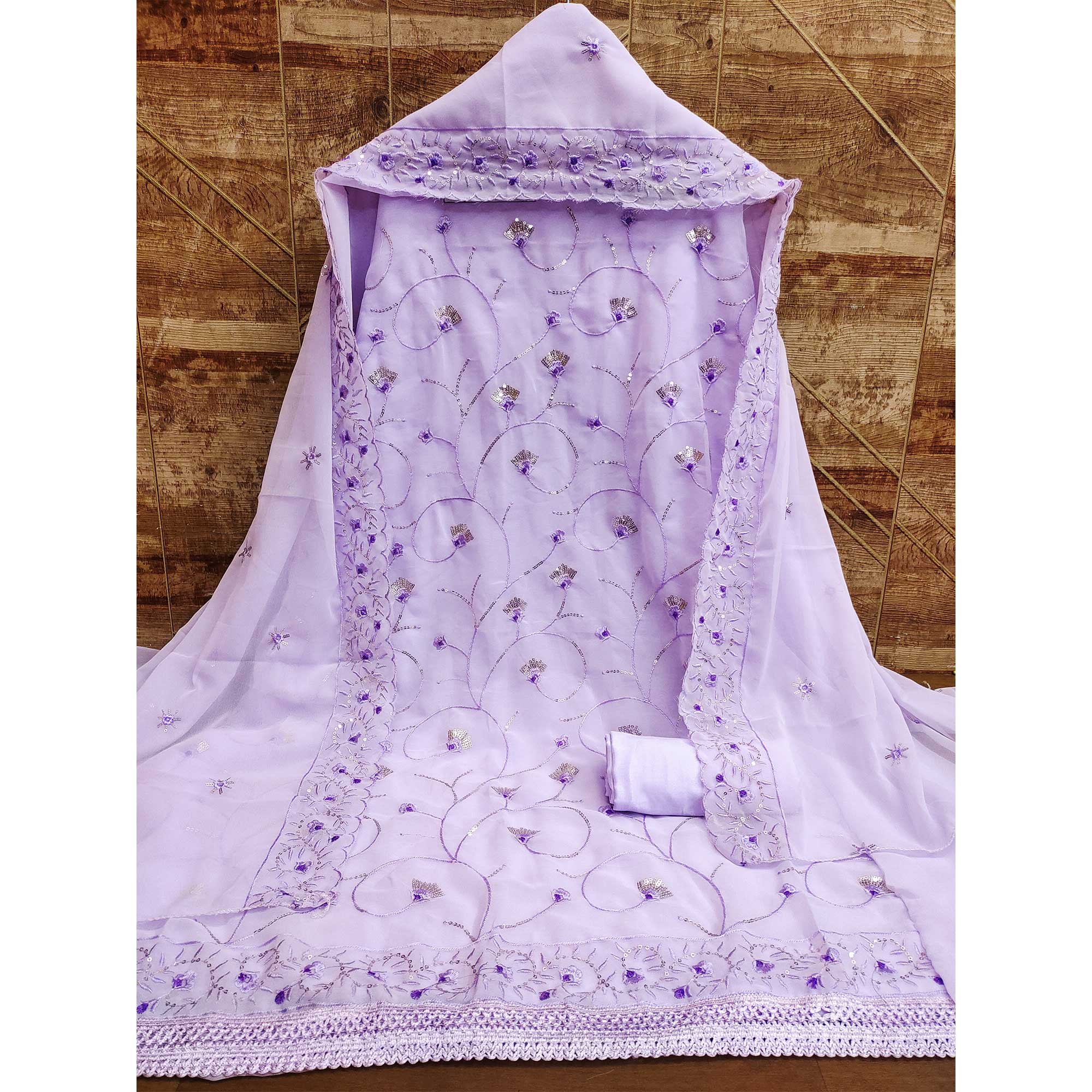 Lavender  Floral Sequins Embroidered Georgette Dress Material