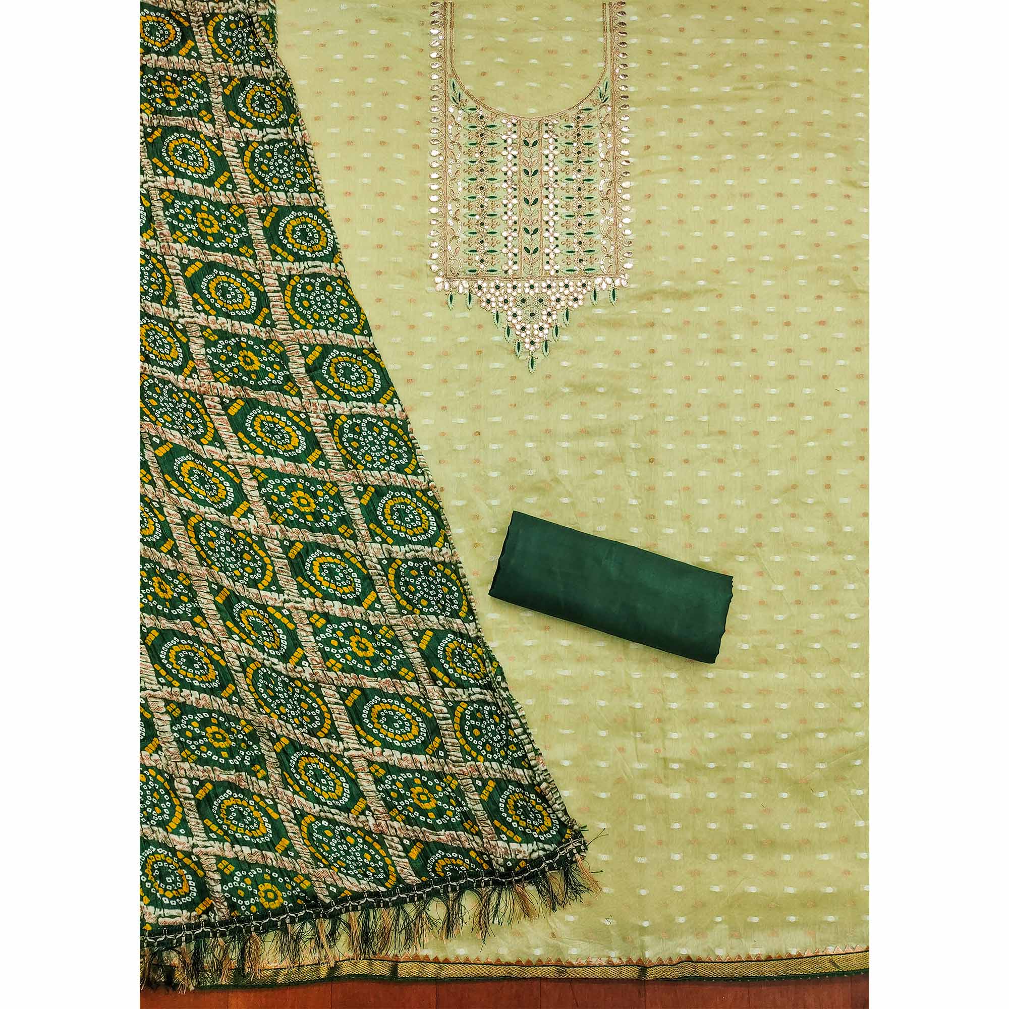 Green Woven With Gota Work Jacquard Dress Material