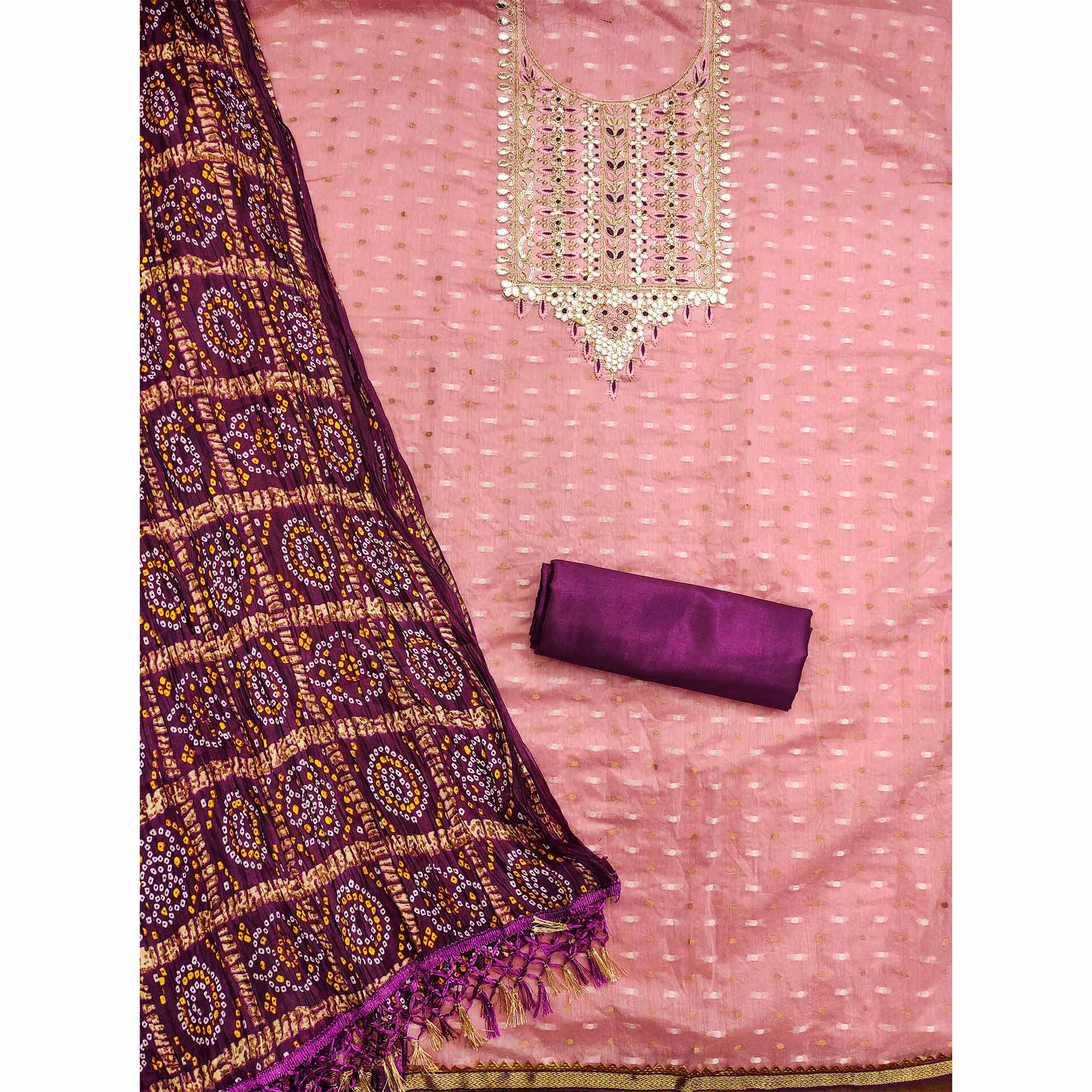 Pink Woven With Gota Work Jacquard Dress Material