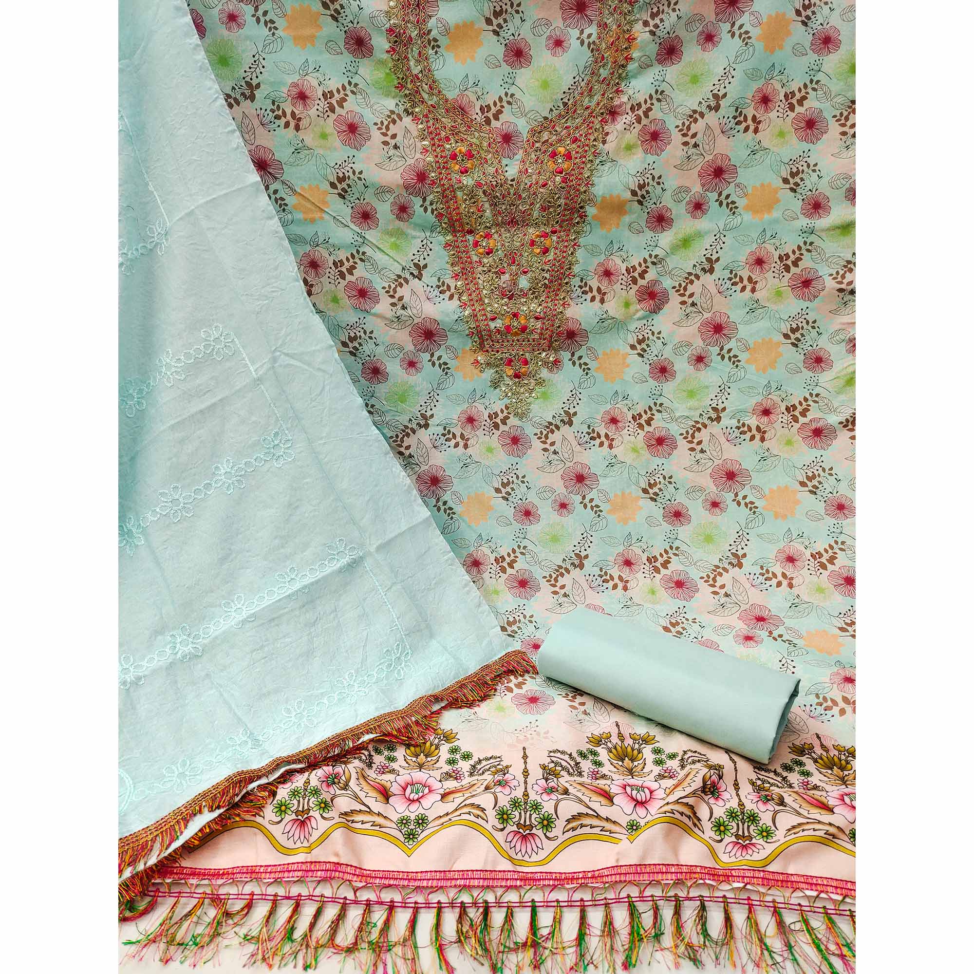 Turquoise Dress Material With Floral Digital Print & Subtle Sequins Embroidery Work