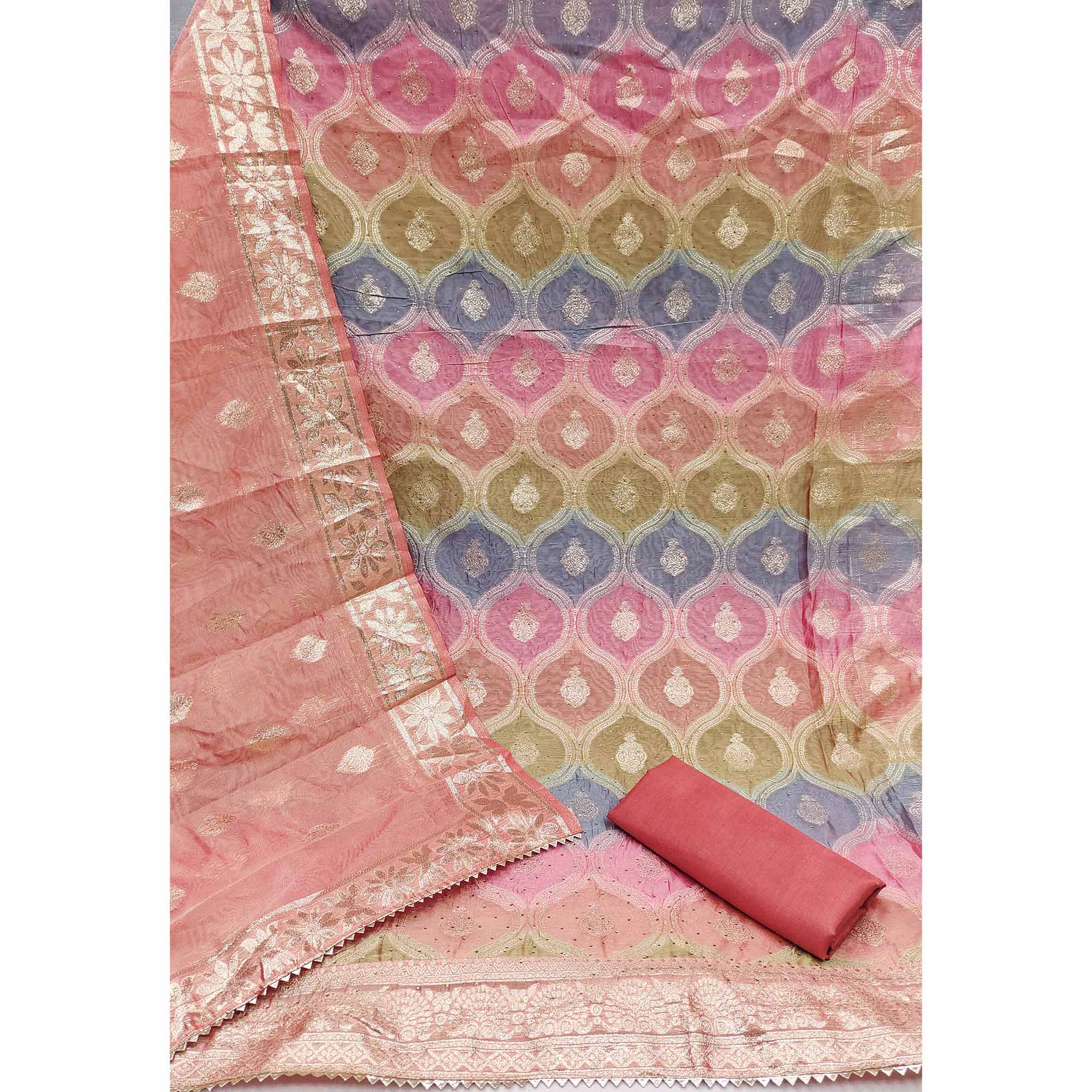 Dark Peach Organza Banarasi Silk Dress Material With Zari & Sparkling Stone Embellishments