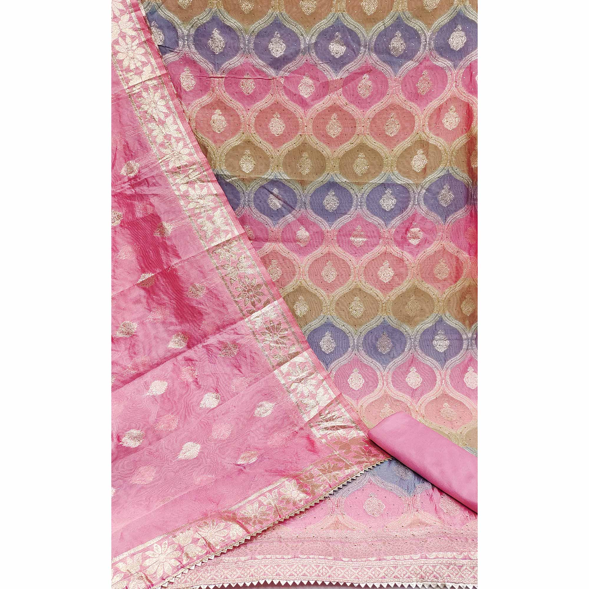 Pink Organza Banarasi Silk Dress Material With Zari & Sparkling Stone Embellishments