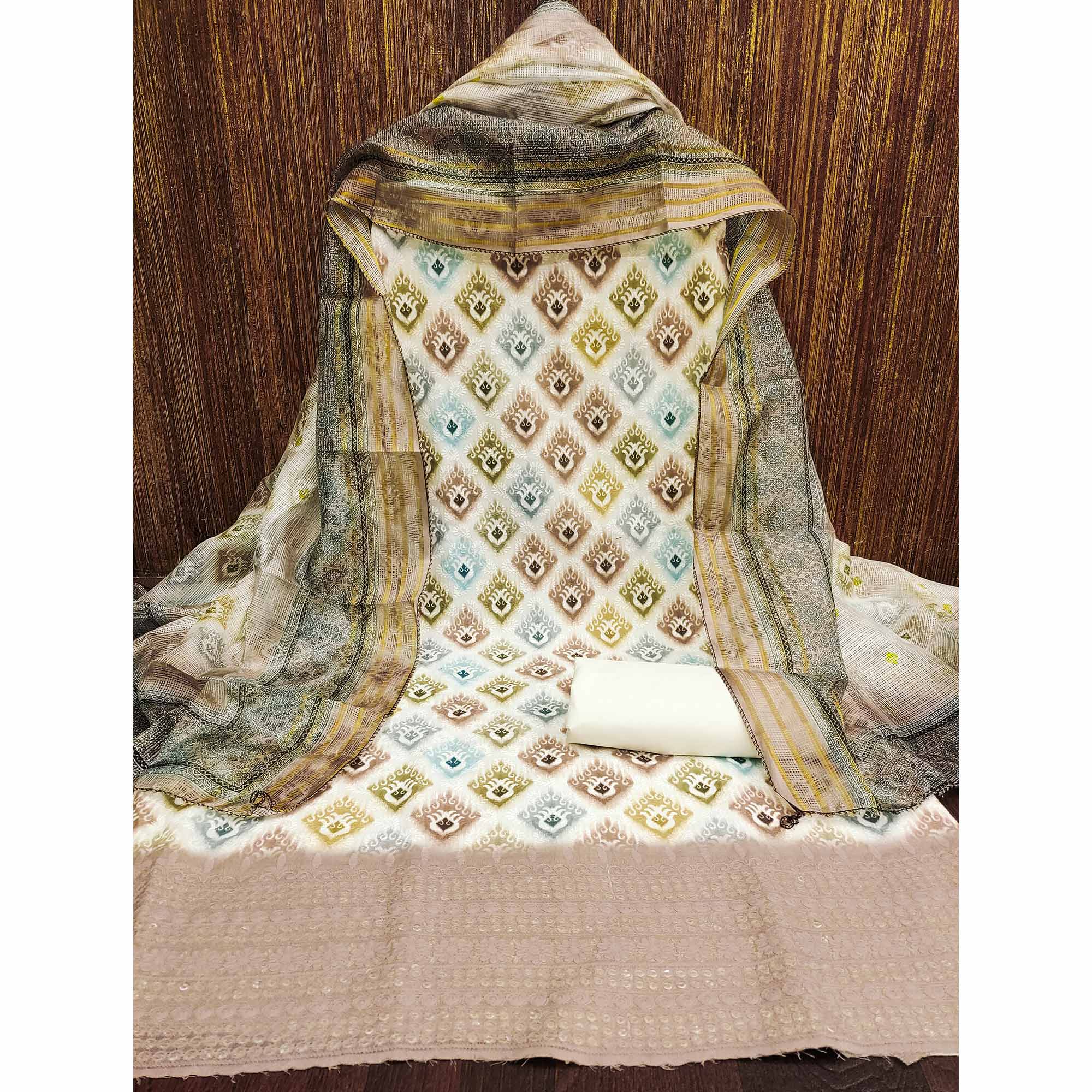 White & Matte Beige Dress Material In Cotton Blend With Delicate Digital Print & Sifli Embroidery Work