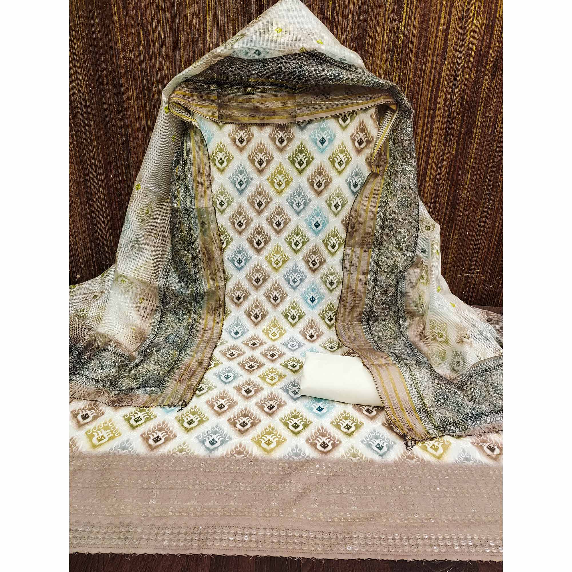White & Brown Dress Material In Cotton Blend With Delicate Digital Print & Sifli Embroidery Work