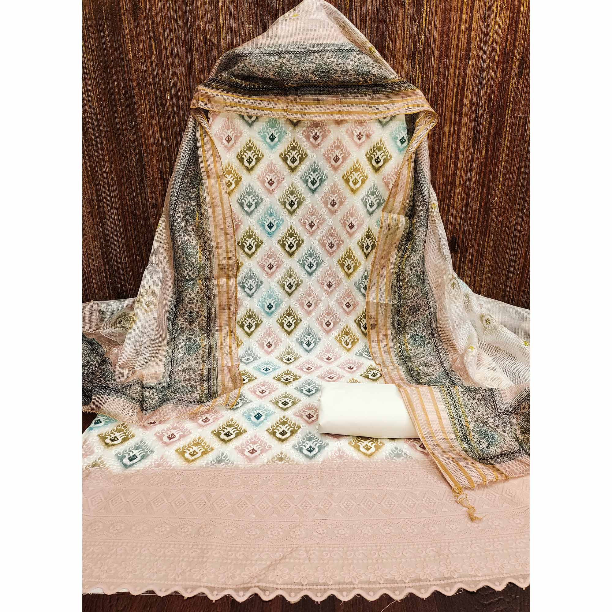 White & Pale Dusty Peach Dress Material In Cotton Blend With Delicate Digital Print & Sifli Embroidery Work