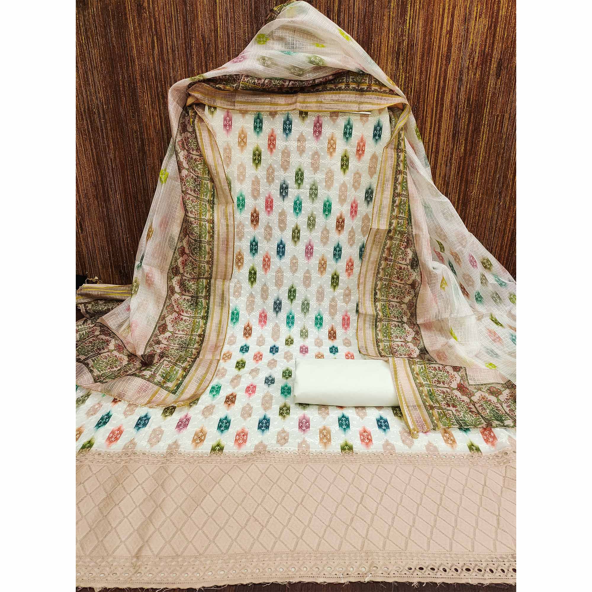 White & Beige Schiffli Embroidered Cotton Blend Dress Material With Digital Print