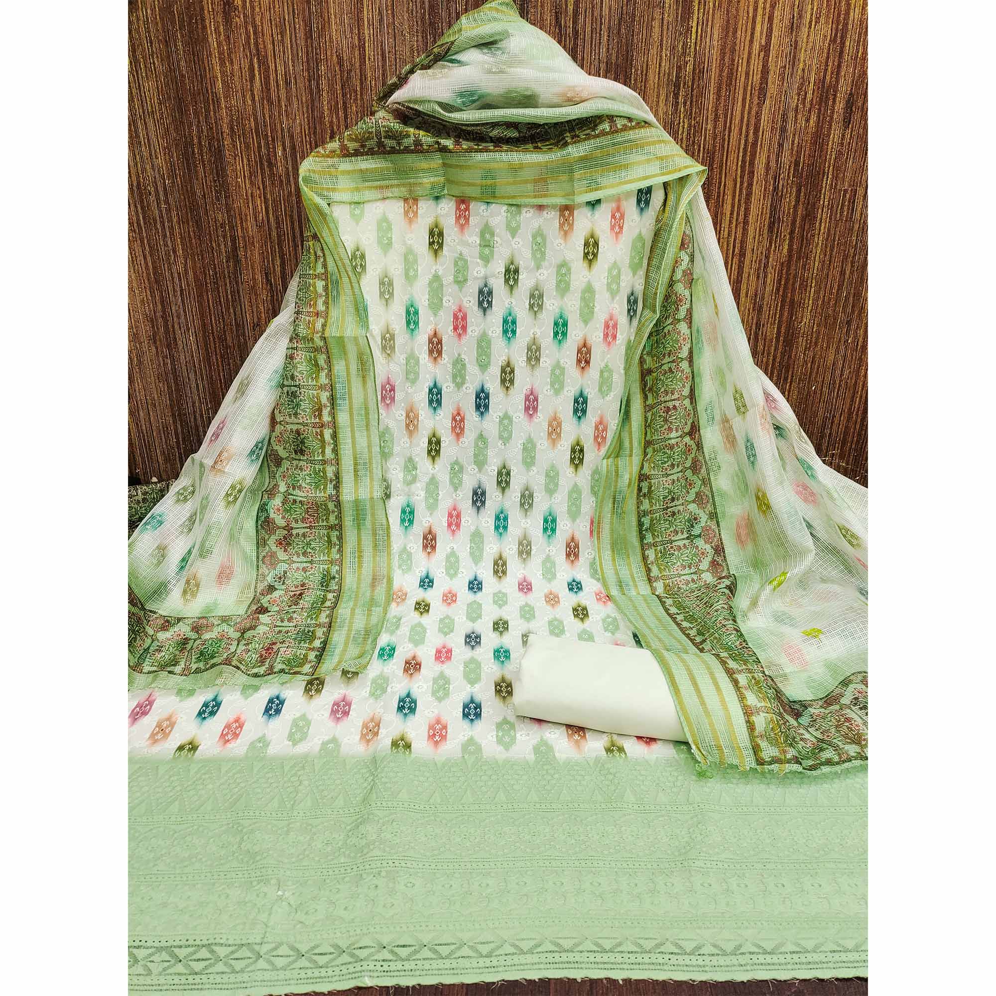 White & Green Schiffli Embroidered Cotton Blend Dress Material With Digital Print
