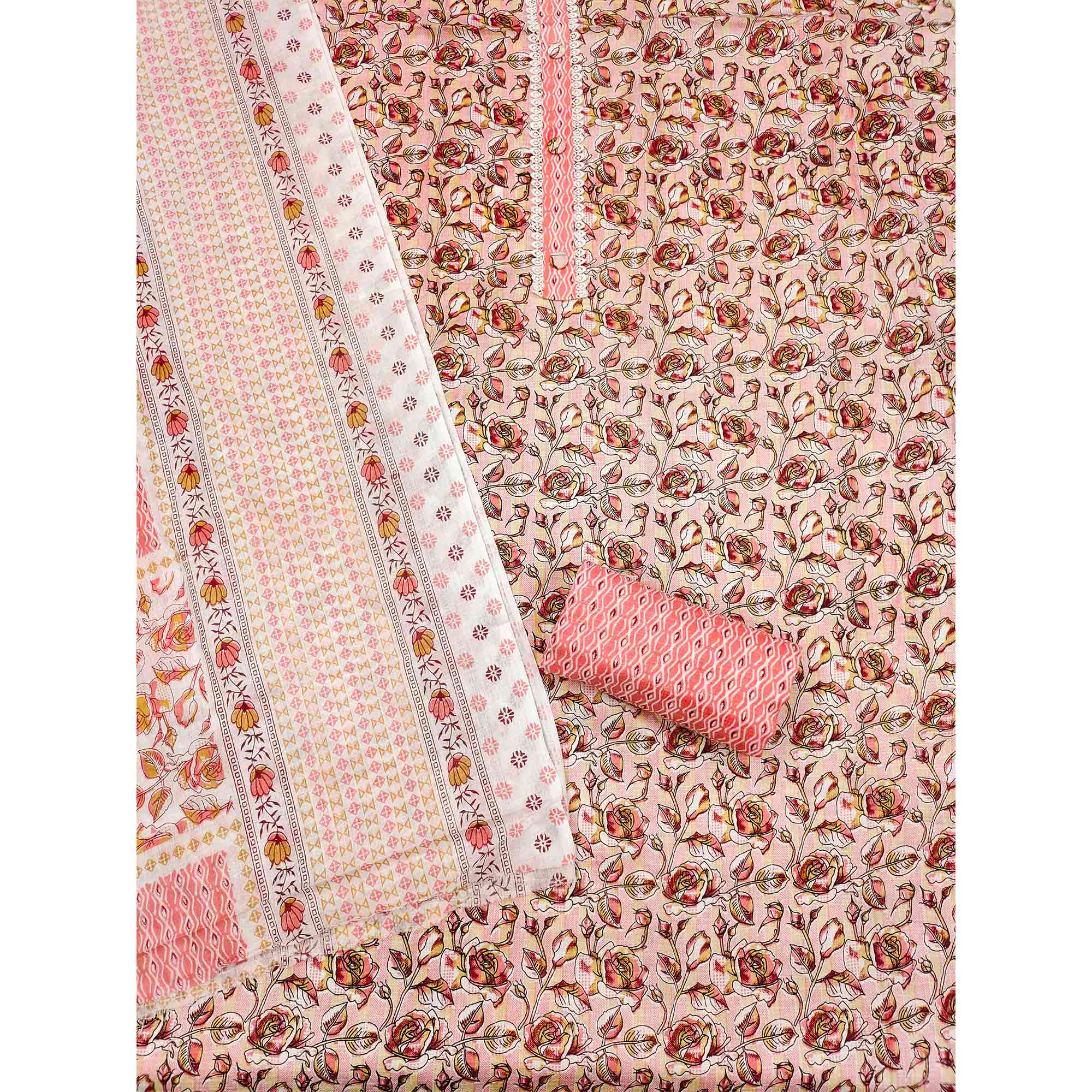 Peach Floral Printed Cotton Blend Dress Material