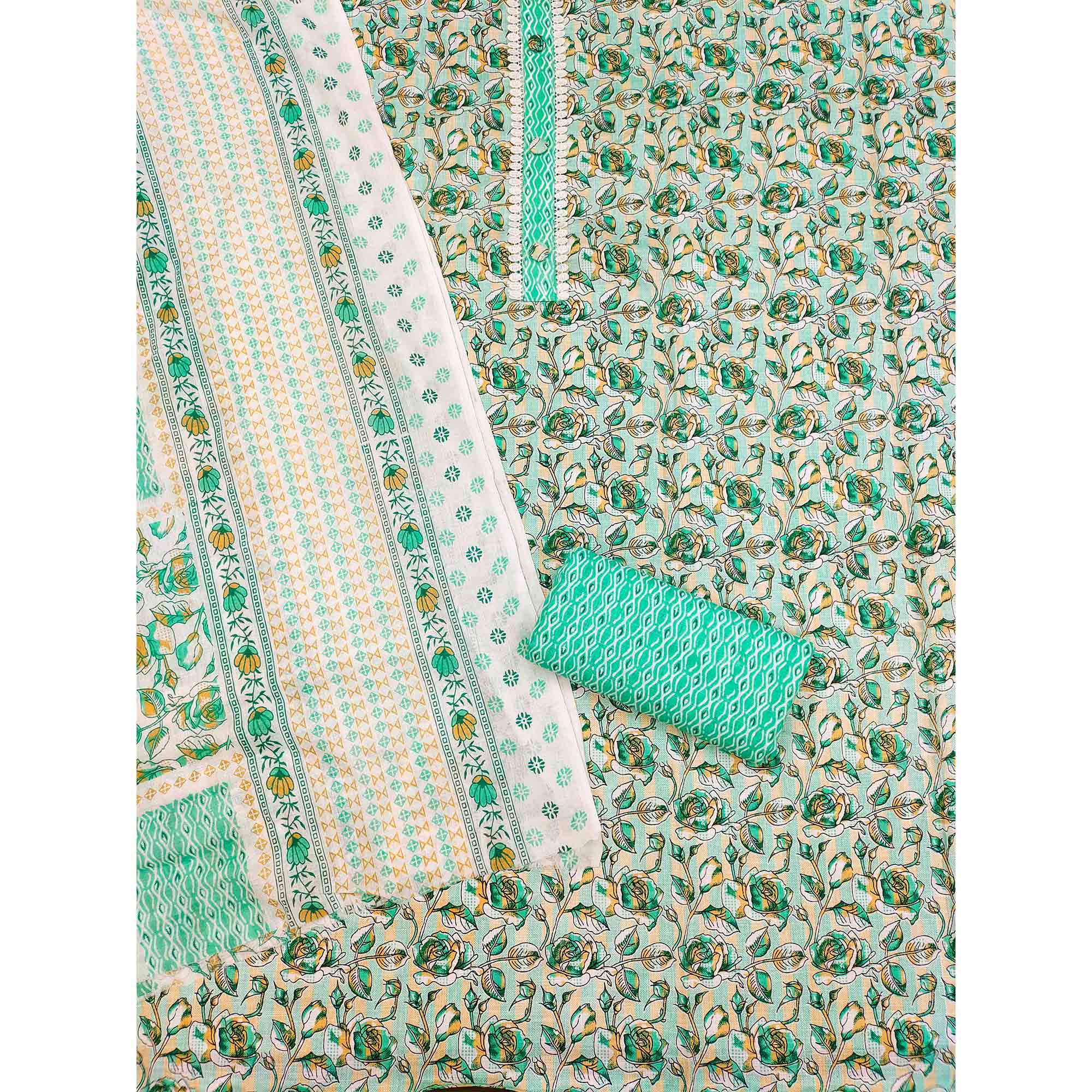 Sea Green Floral Printed Cotton Blend Dress Material