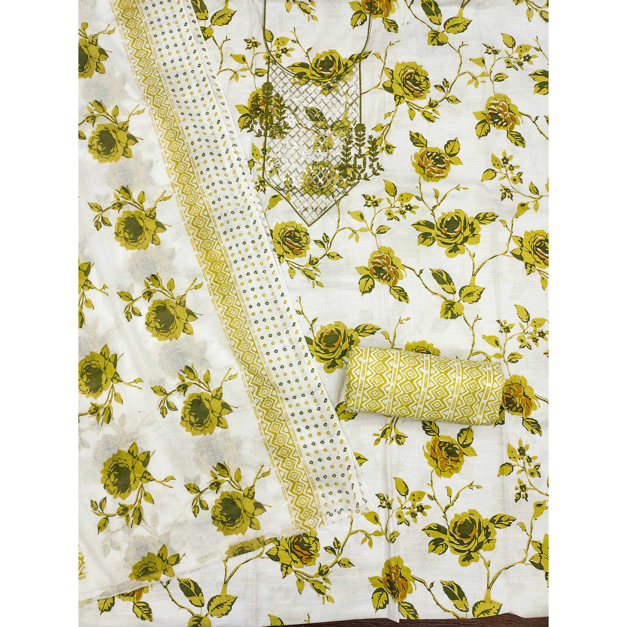 White & Green Floral Printed With Sequins Work Cotton Blend Dress Material