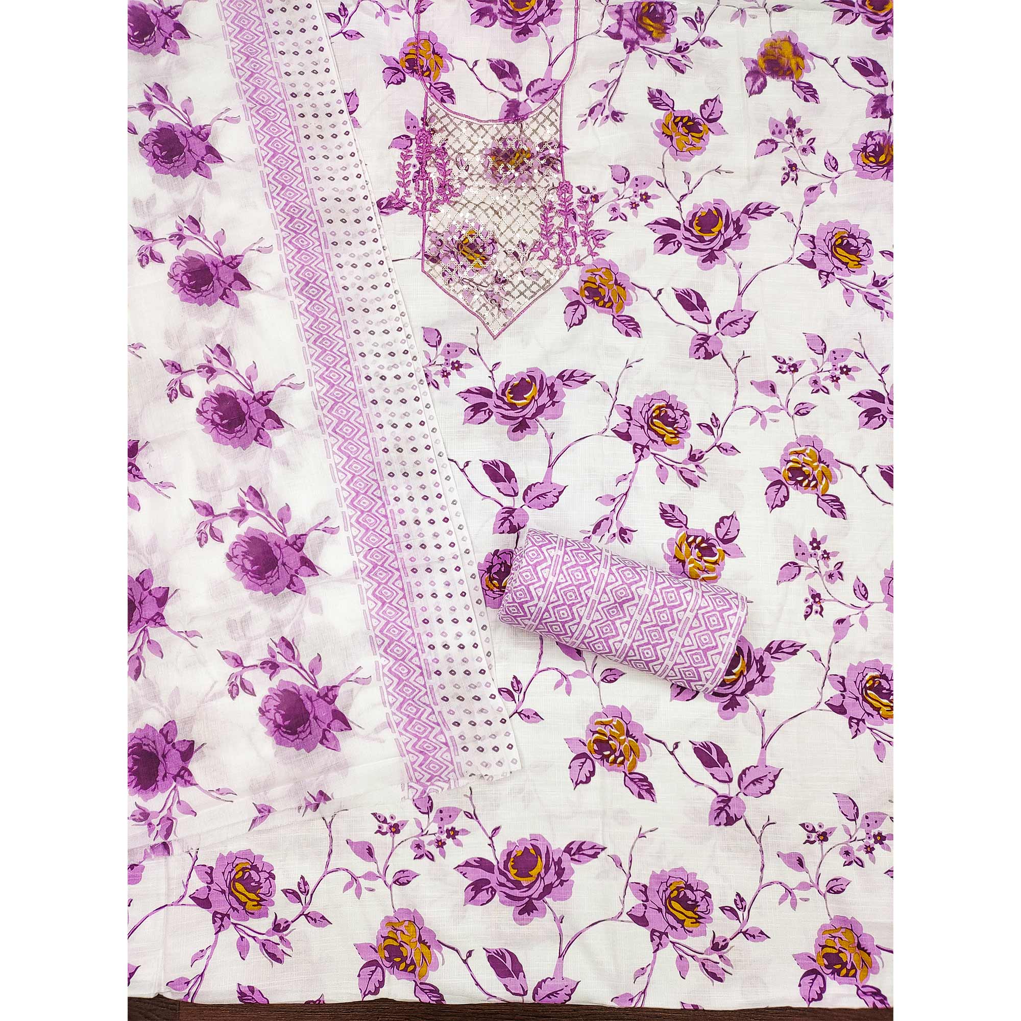White & Purple Floral Printed With Sequins Work Cotton Blend Dress Material
