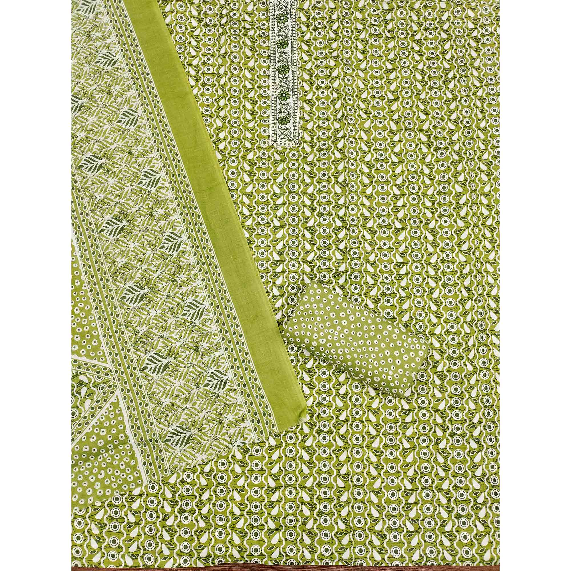 Green Printed With Embroidered Cotton Blend Dress Material