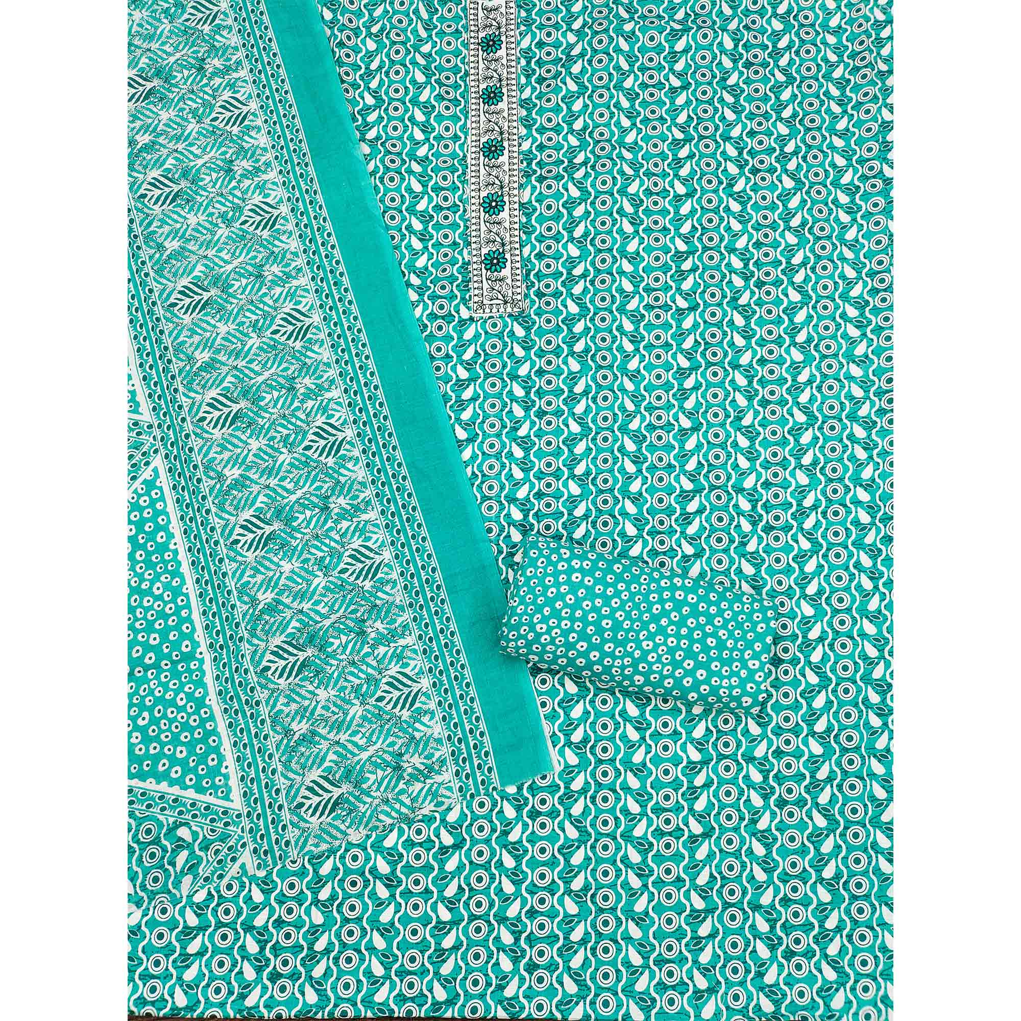 Turquoise Printed With Embroidered Cotton Blend Dress Material