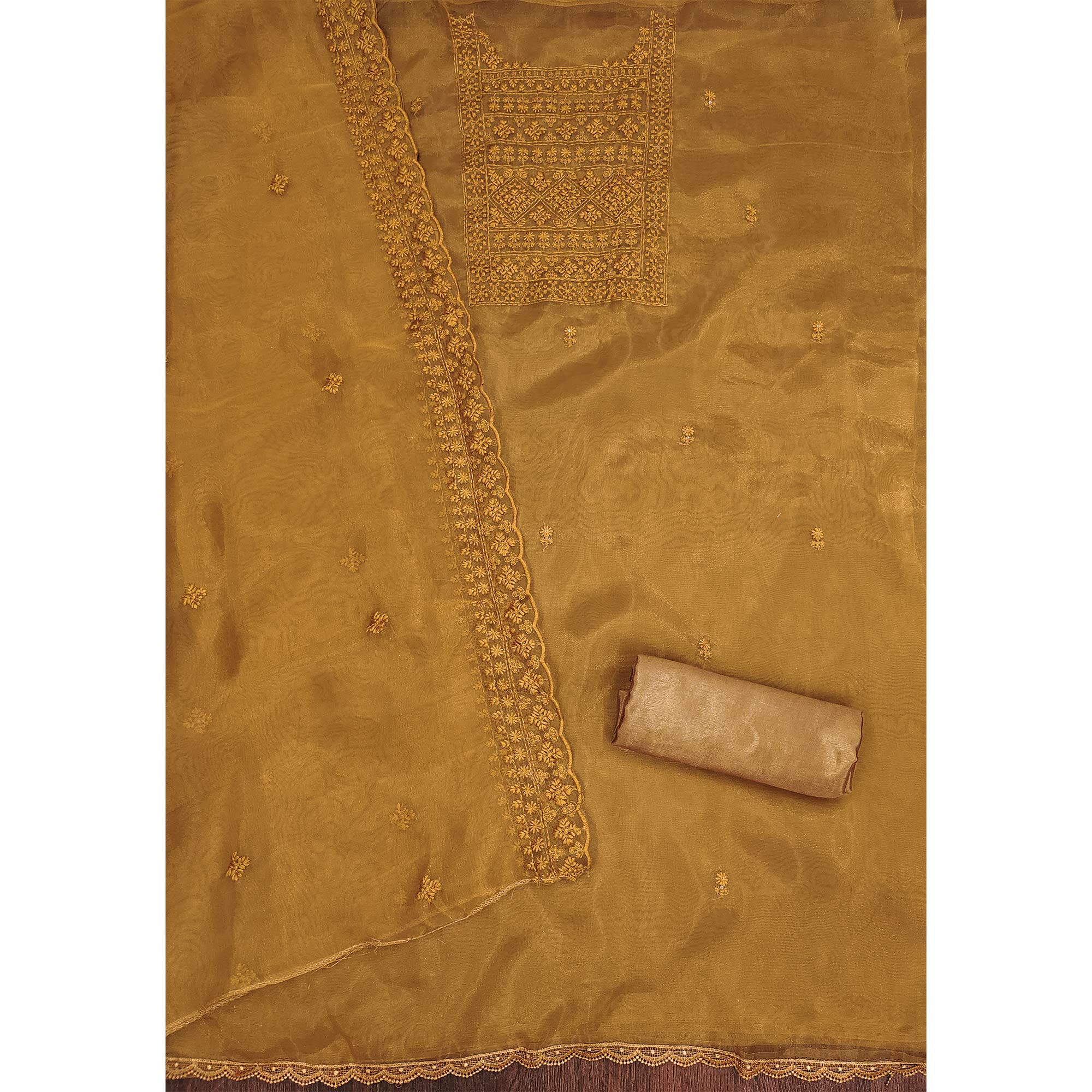 Dark Mustard Organza Dress Material With Sequins & Floral Thread Embroidery