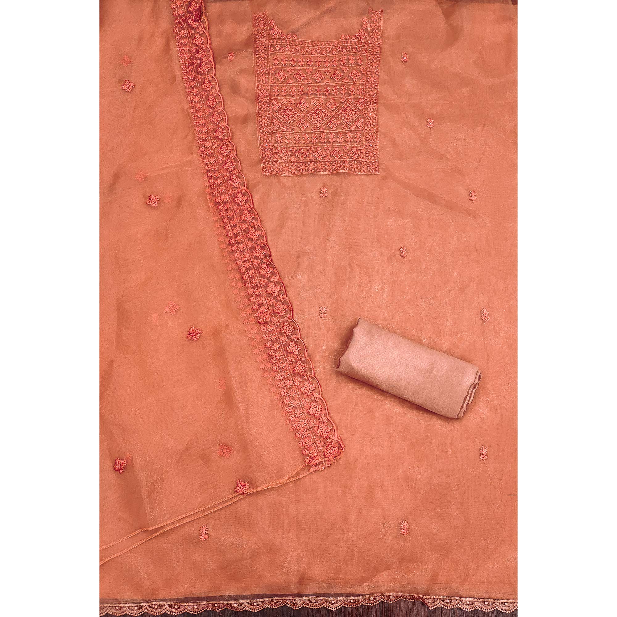 Orange Organza Dress Material With Sequins & Floral Thread Embroidery