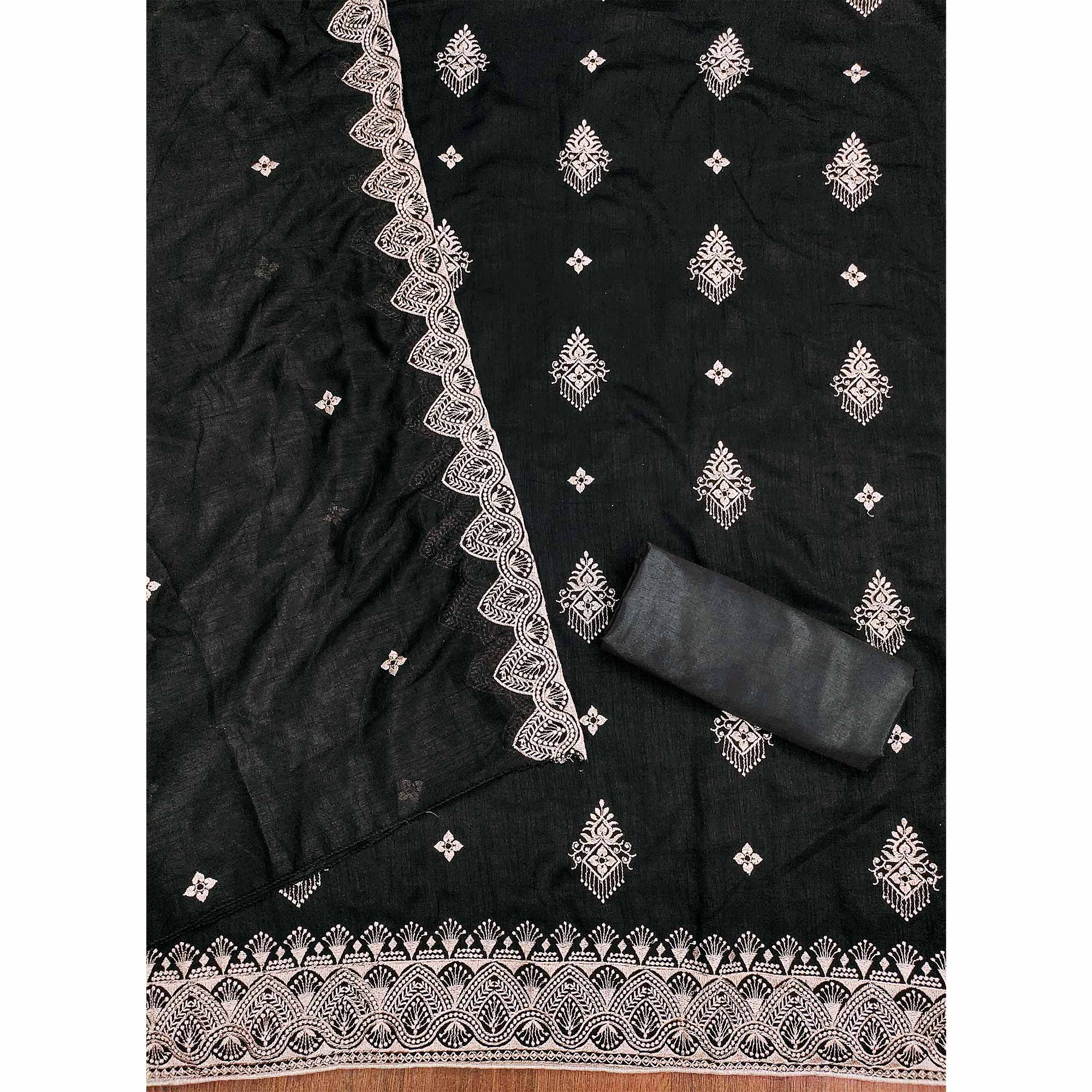Black Vichitra Silk Dress Material With Intricate Floral Zari Embroidery