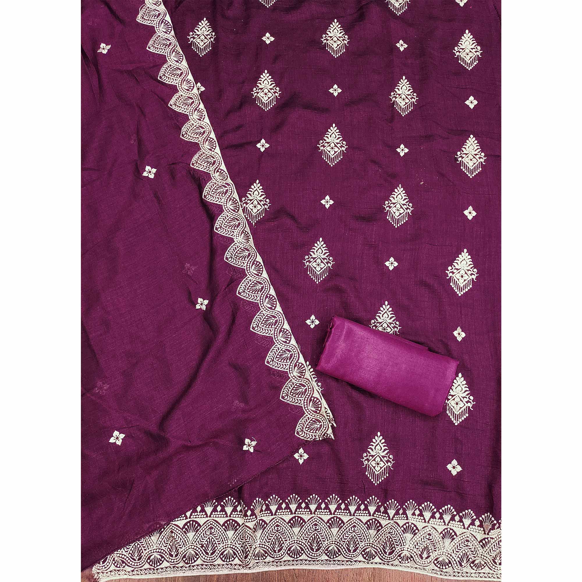 Wine Vichitra Silk Dress Material With Intricate Floral Zari Embroidery