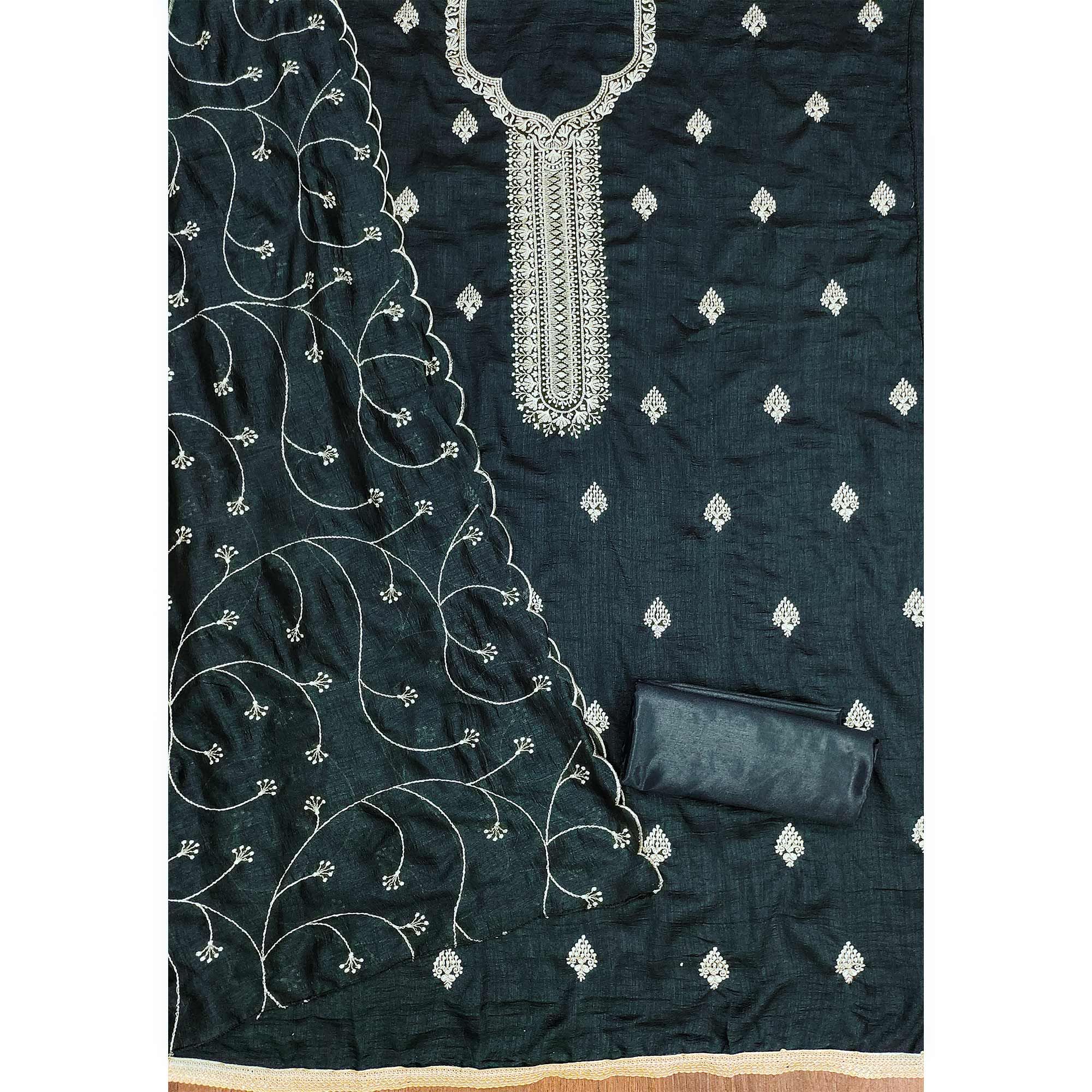 Dark Grey Vichitra Silk Dress Material with Graceful Floral Zari Embroidery