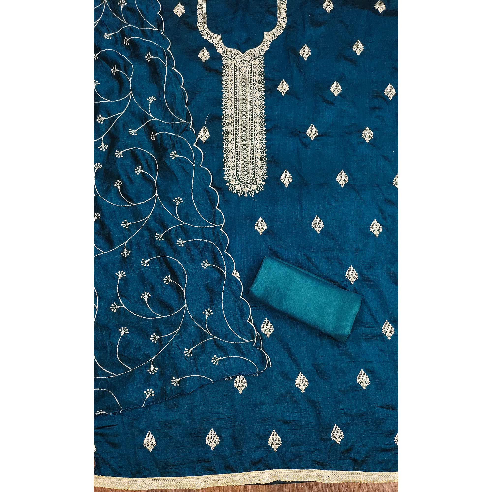 Morpich Blue Vichitra Silk Dress Material with Graceful Floral Zari Embroidery