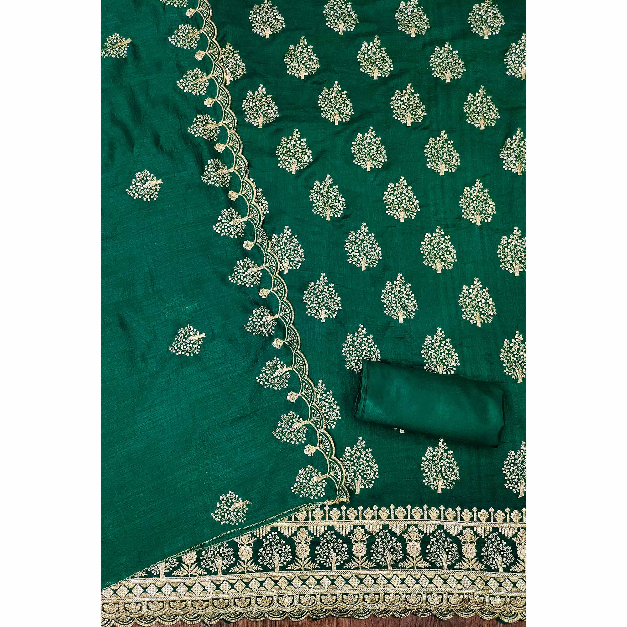 Green Sequins Embroidered Vichitra Silk Dress Material