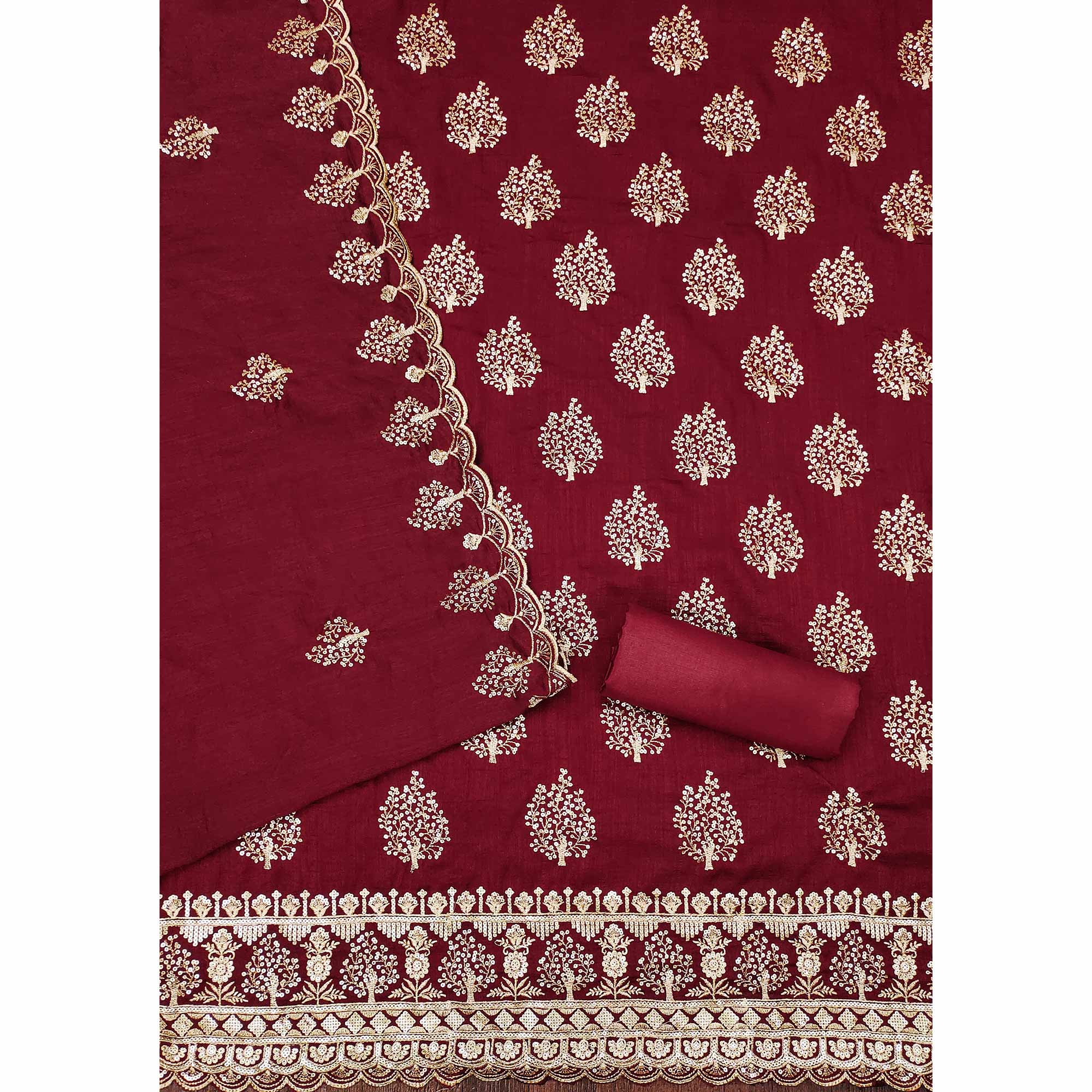 Maroon Sequins Embroidered Vichitra Silk Dress Material