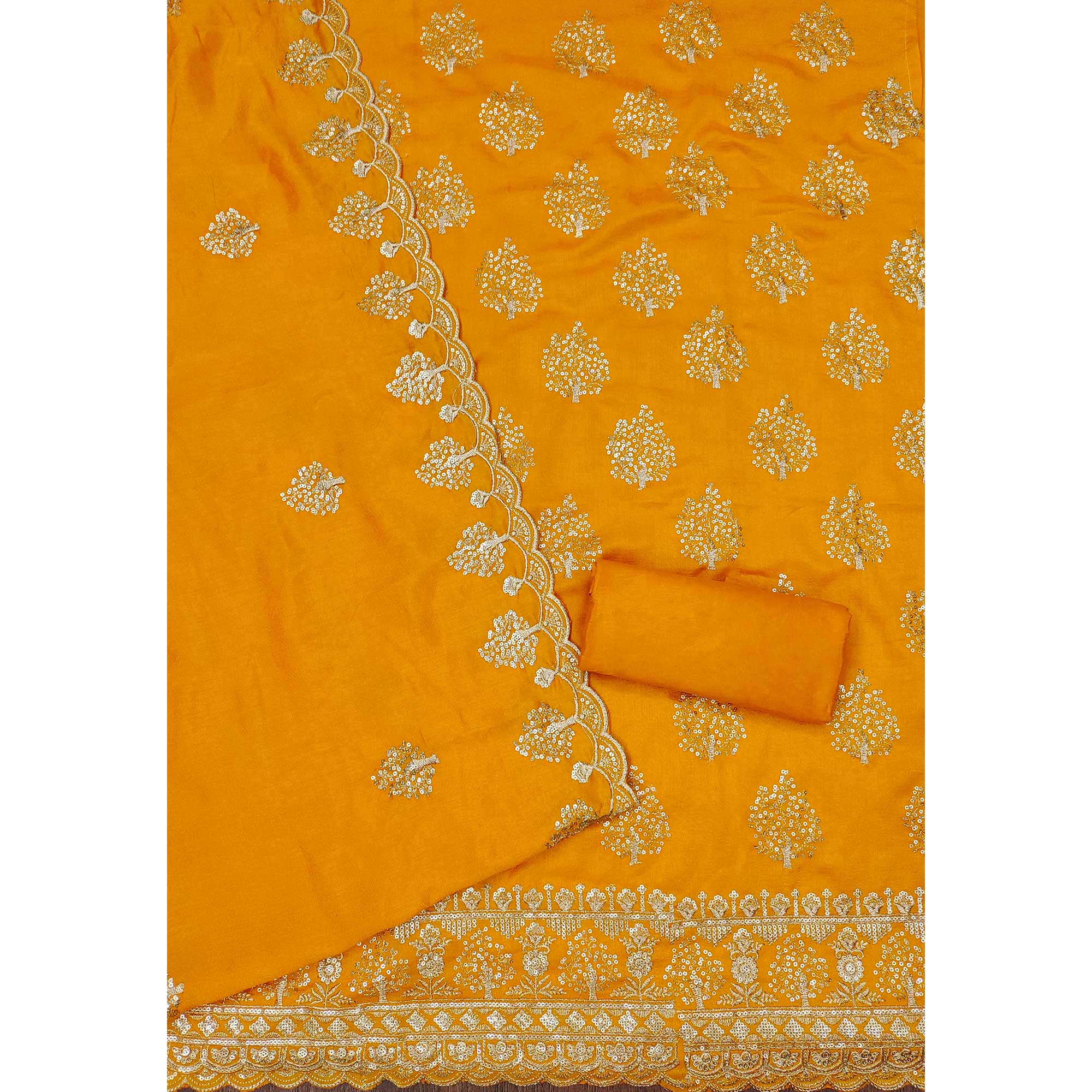 Mustard Sequins Embroidered Vichitra Silk Dress Material